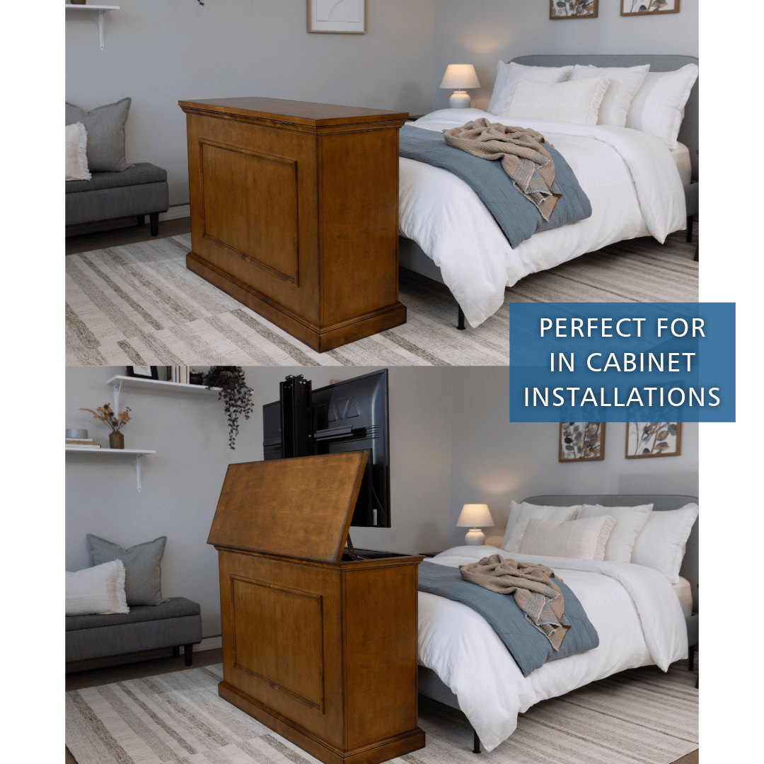 Touchstone Smart TV Lift Mechanism graphic about these lifts working well in cabinet installations for a hidden look.