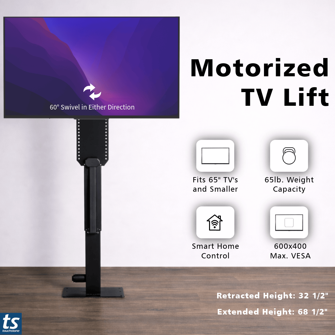 Touchstone Whisper Lift Smart TV Lift Mechanism graphic about its features and specifications.