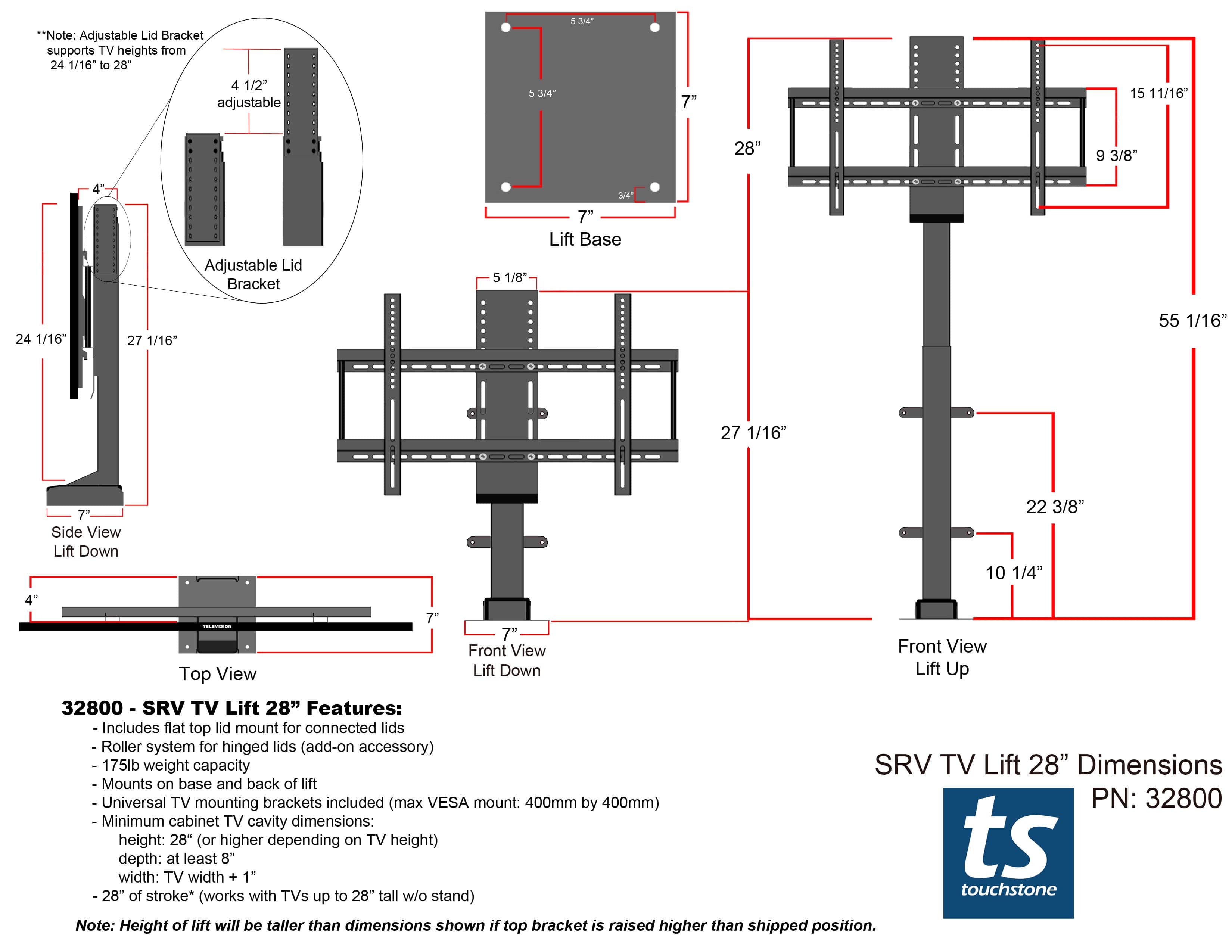 SRV Smart Wifi 32800 Pro TV Lift Mechanism for 50 Inch Flat screen TVs - Alexa® & Google Home® Compatible