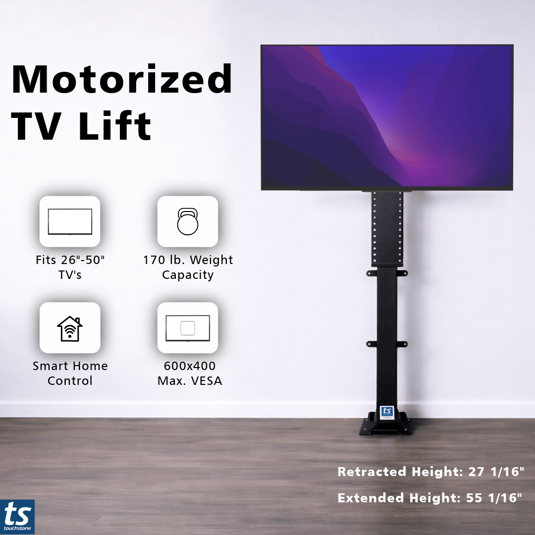 Touchstone SRV Smart TV Lift Mechanism graphic about its features and specifications.