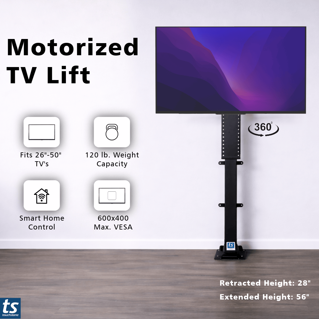 Touchstone SRV Smart TV Lift Mechanism graphic about its features and specifications.