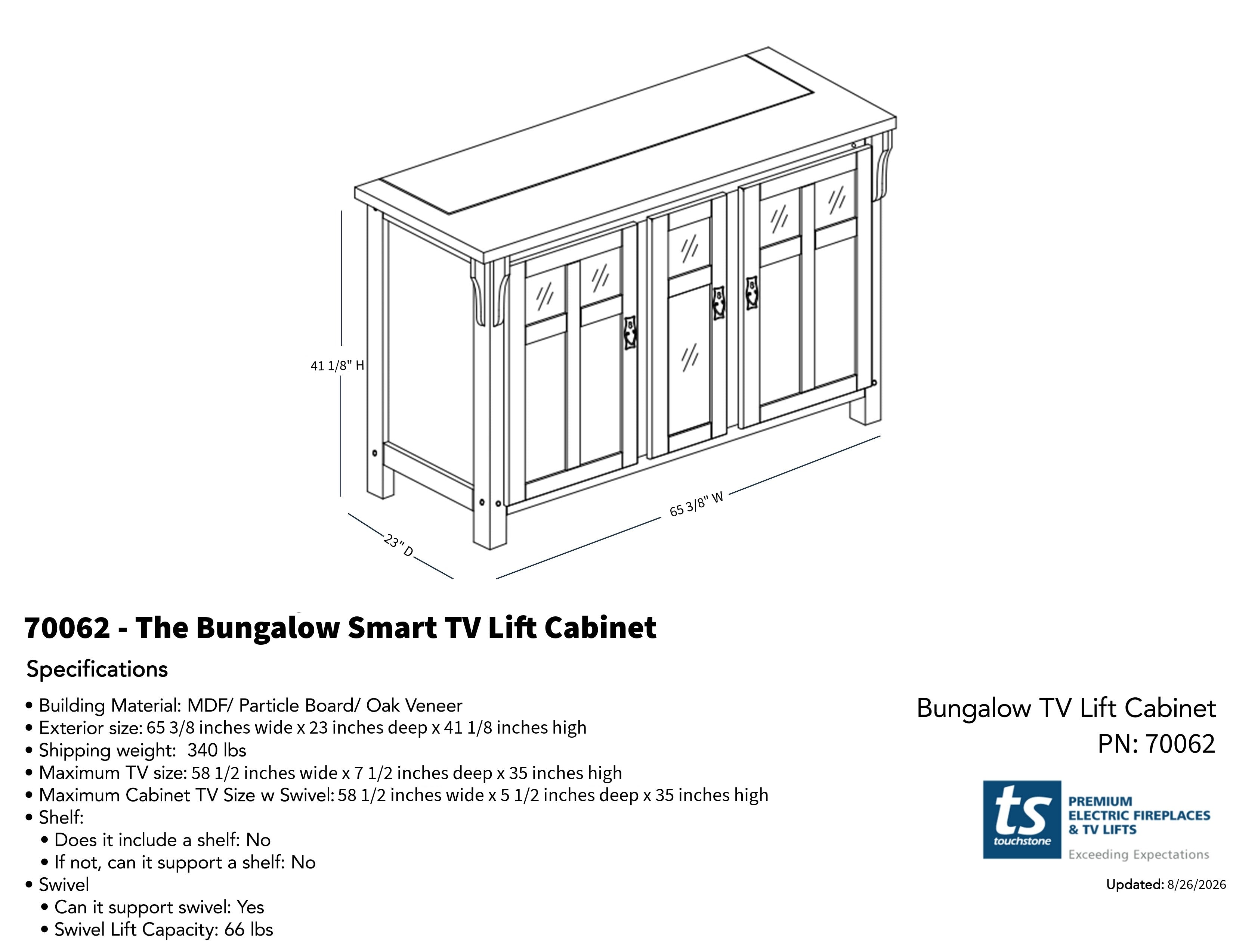 Touchstone 70062 Bungalow Smart TV Lift Cabinet dimensional drawing