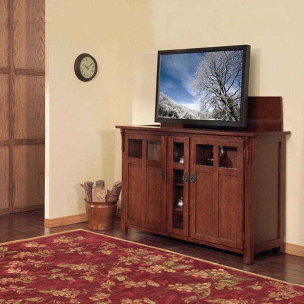 The Bungalow 70062 TV Lift Cabinet for 60 inch Flat screen TVs in a living room.