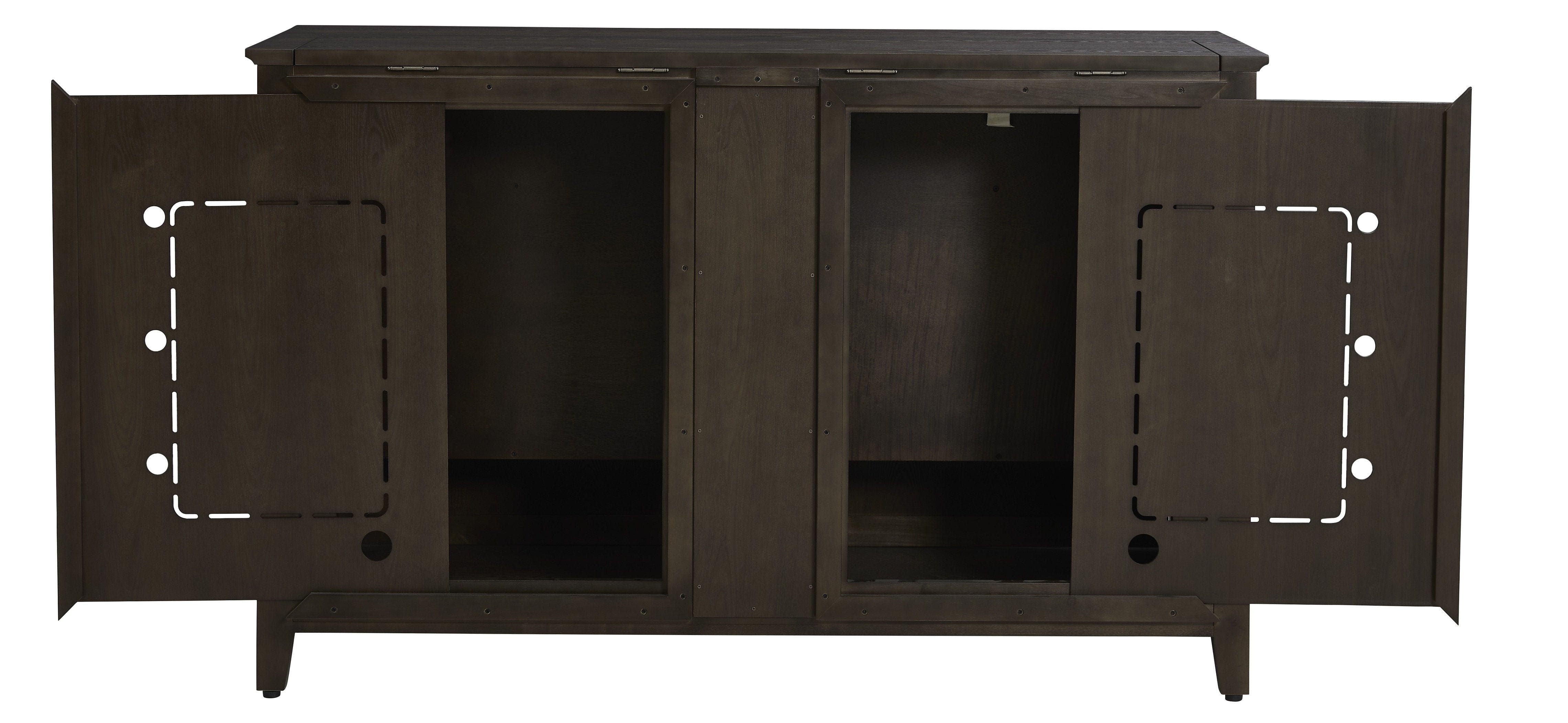 The Claymont 70063 TV Lift Cabinet for 65 inch Flat screen TVs with doors open.