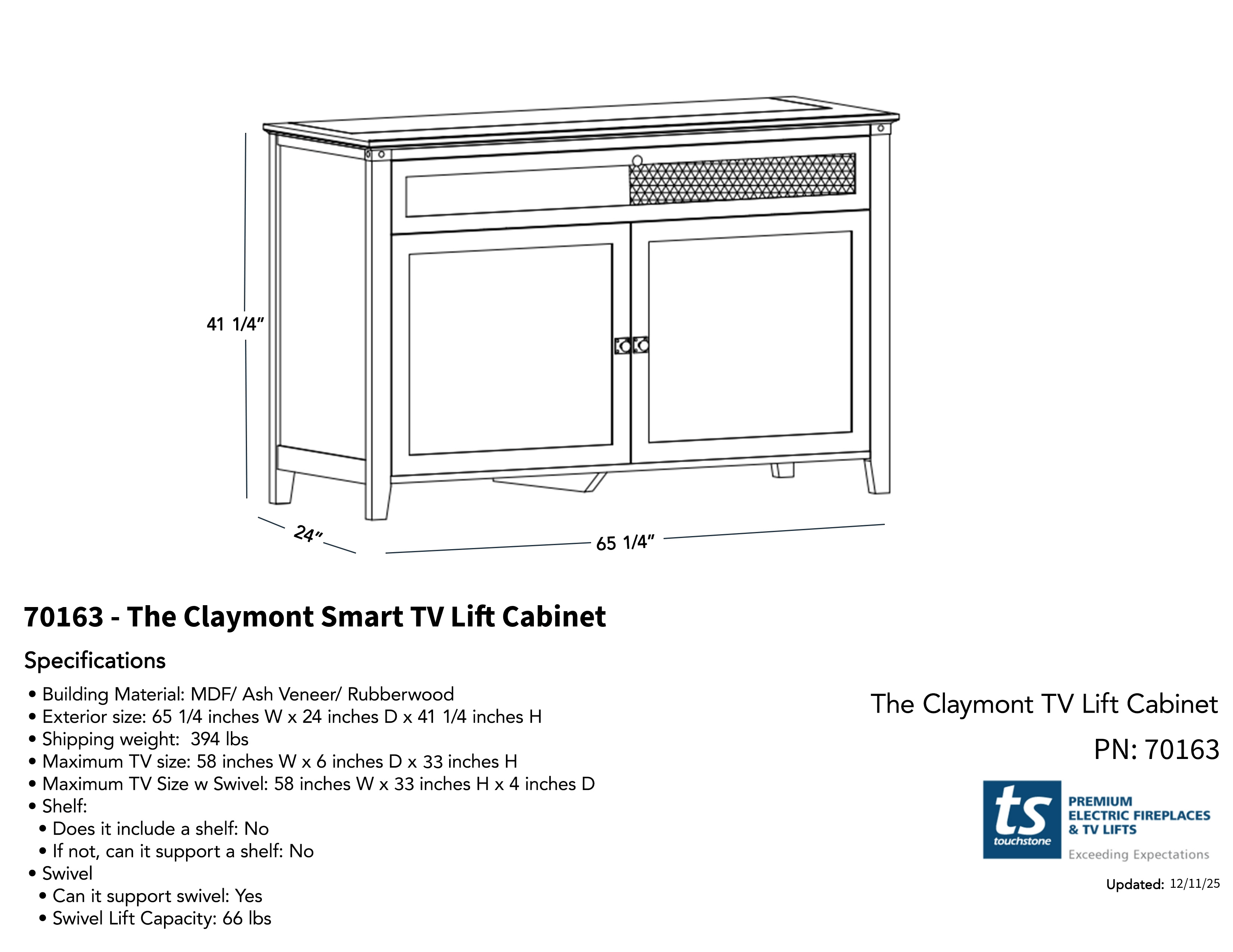 70163 TV Lift Cabinet Dimensional Drawing