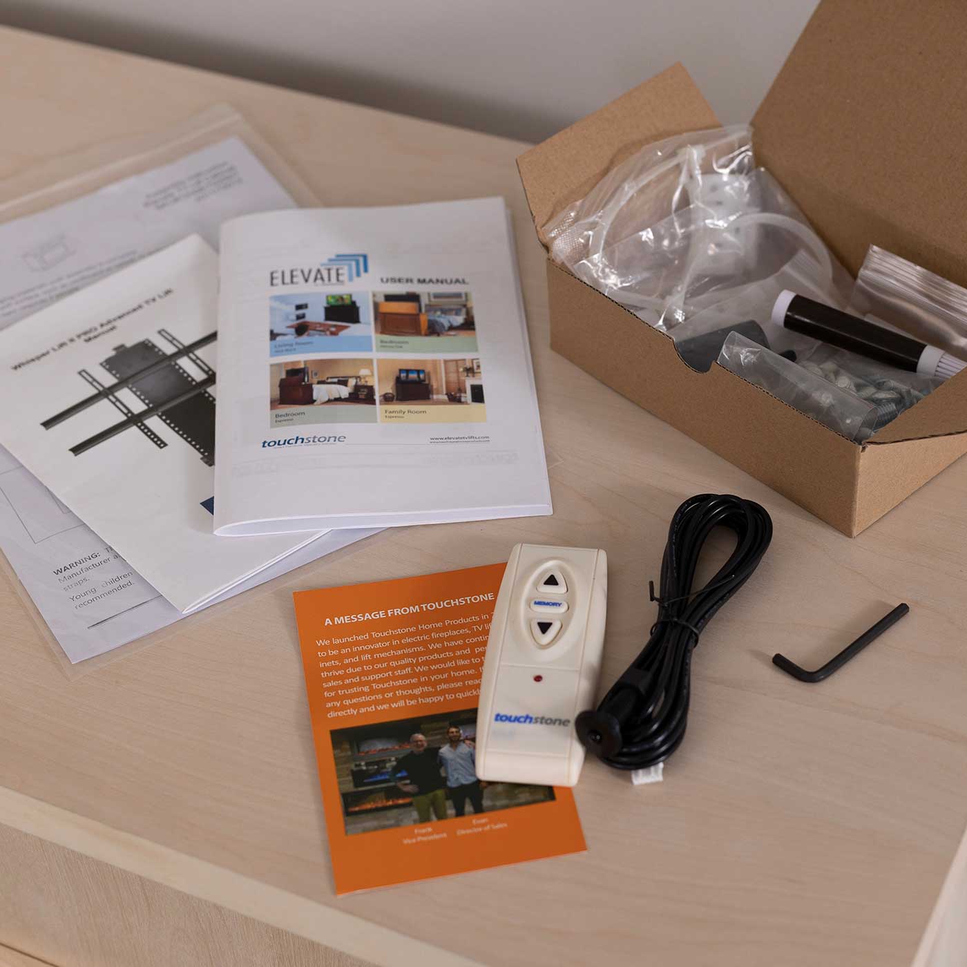 Touchstone Elevate 72009 TV Lift components that come in the package.