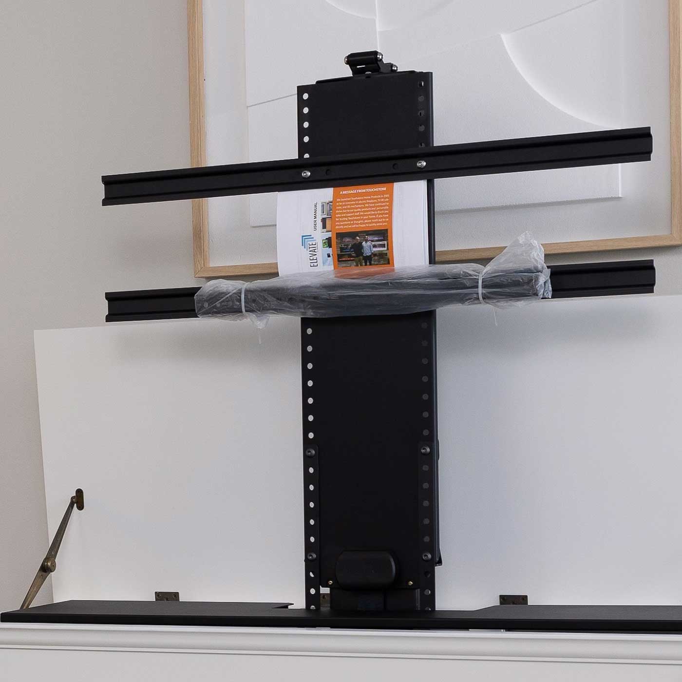 Touchstone Elevate 72009 TV Lift bracket and component shelf pictured in the cabinet with no television.