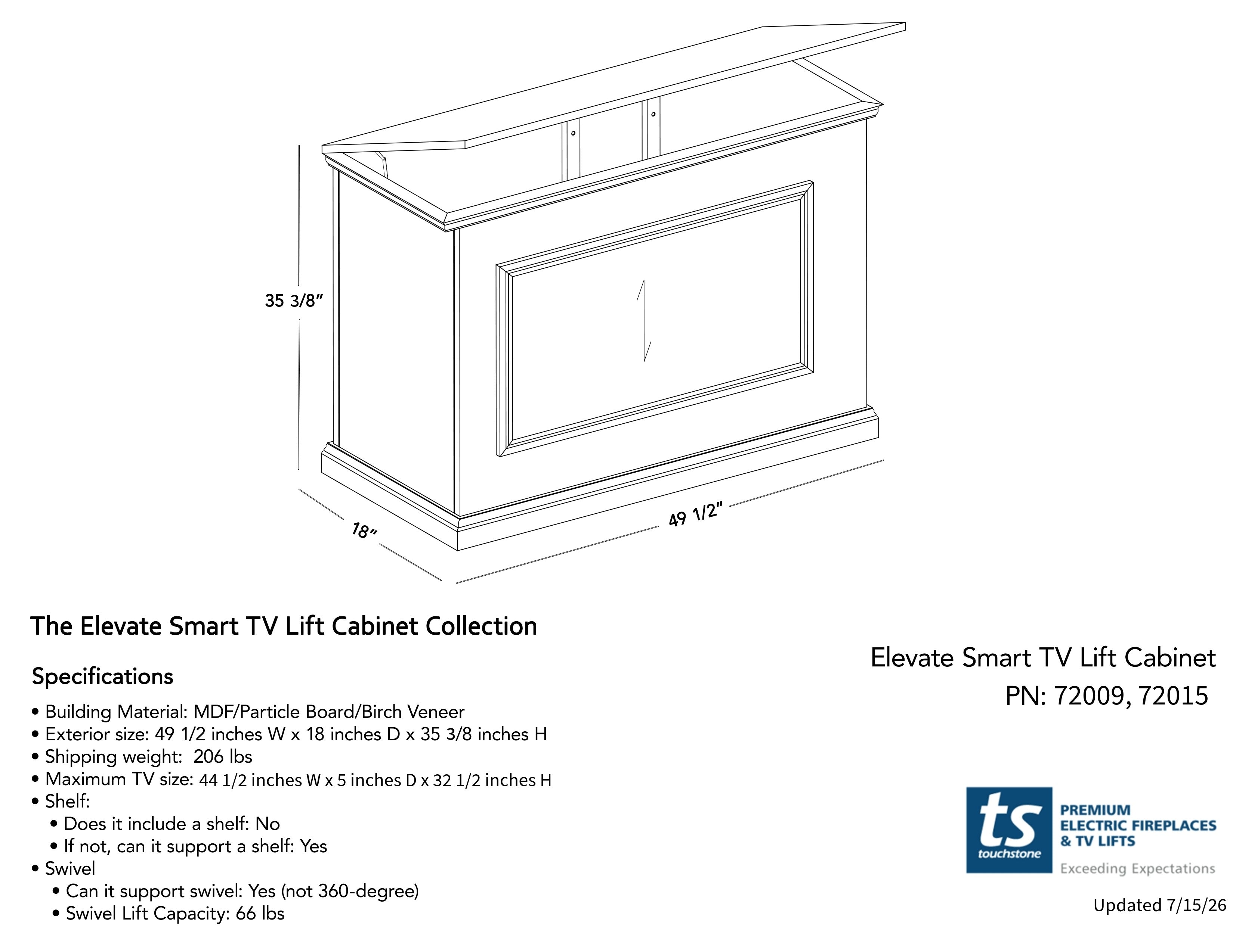 Touchstone Elevate 72015 Smart TV Lift Cabinet in White Finish dimensions and specifications.