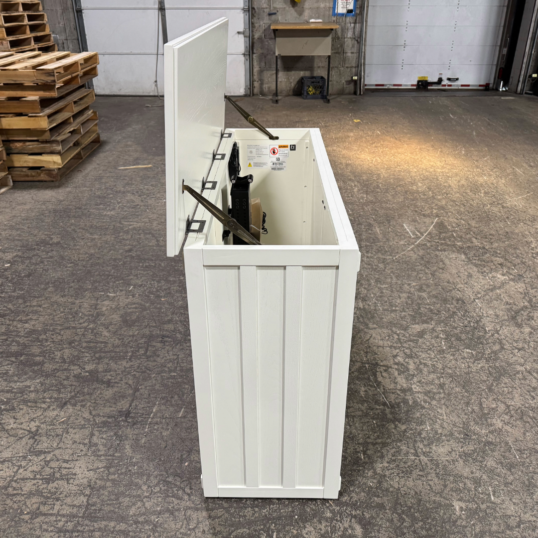Touchstone 72013 White Elevate Mission Smart TV Lift Cabinet open box unit photographed in the warehouse.