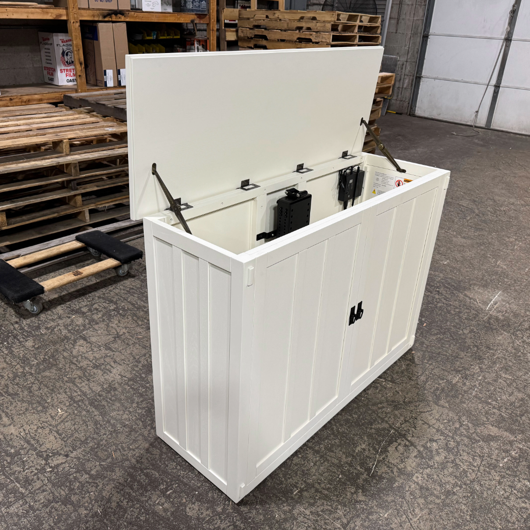 Touchstone 72013 White Elevate Mission Smart TV Lift Cabinet open box unit photographed in the warehouse.