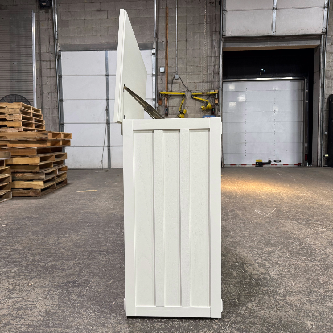 Touchstone 72013 White Elevate Mission Smart TV Lift Cabinet open box unit photographed in the warehouse.
