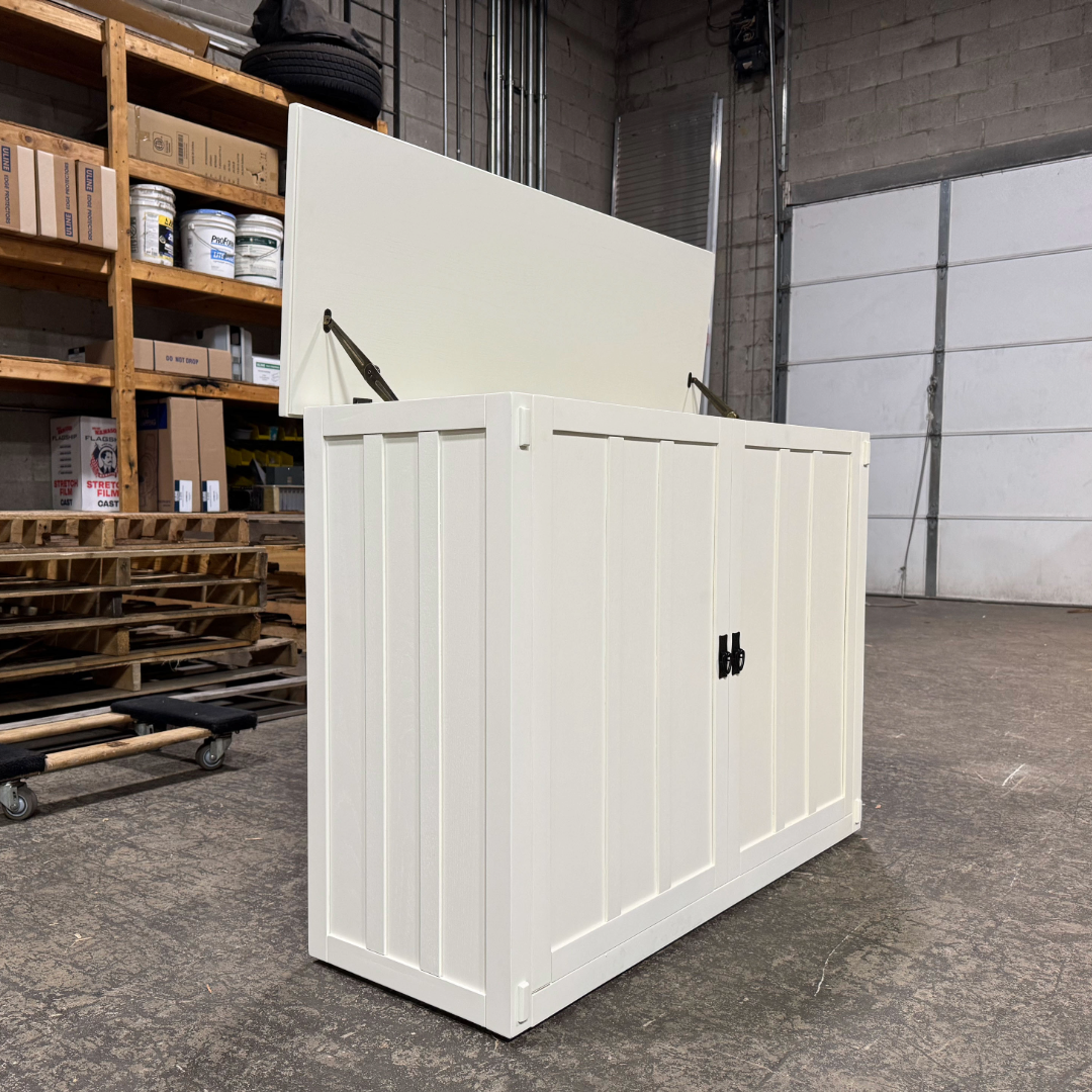 Touchstone 72013 White Elevate Mission Smart TV Lift Cabinet open box unit photographed in the warehouse.