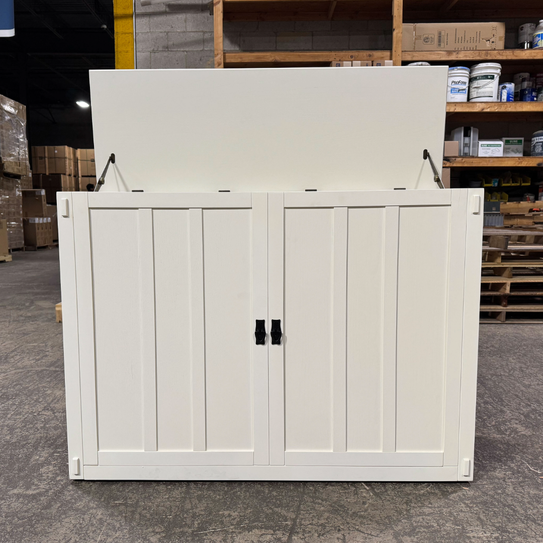 Touchstone 72013 White Elevate Mission Smart TV Lift Cabinet open box unit photographed in the warehouse.