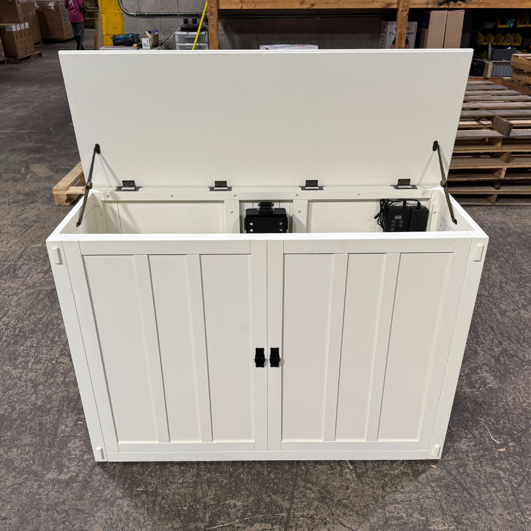 Touchstone 72013 White Elevate Mission Smart TV Lift Cabinet open box unit photographed in the warehouse.