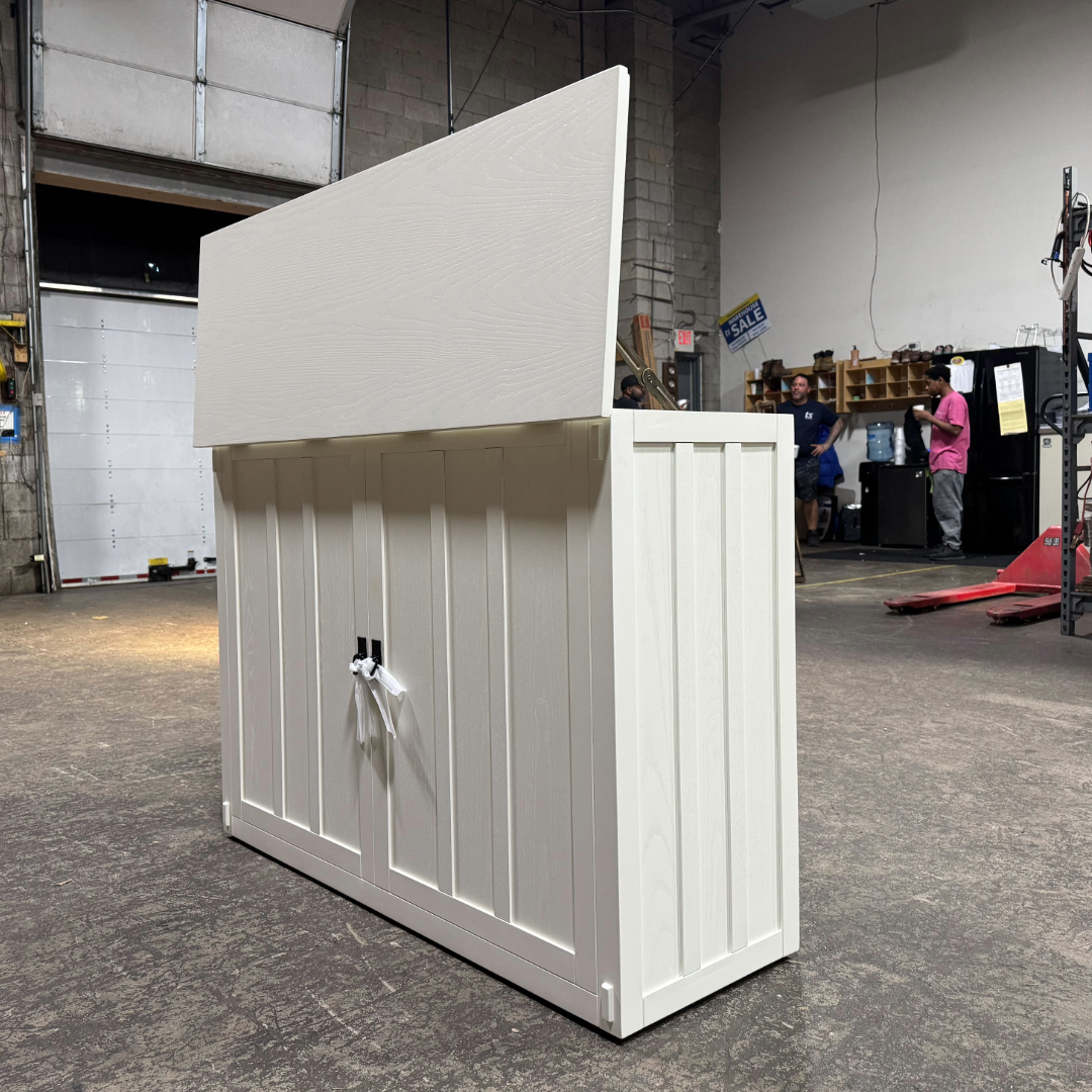 Touchstone 72013 White Elevate Mission Smart TV Lift Cabinet open box unit photographed in the warehouse.