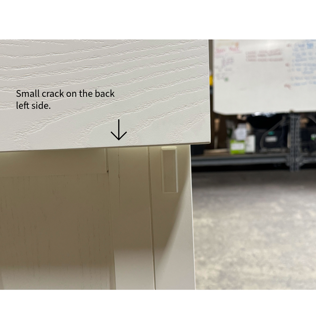 Touchstone 72013 White Elevate Mission Smart TV Lift Cabinet open box unit photographed in the warehouse.