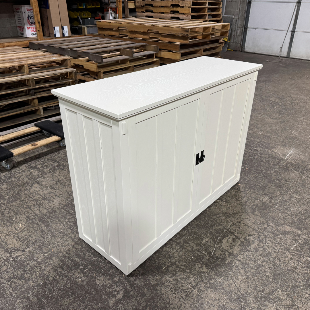 Touchstone 72013 White Elevate Mission Smart TV Lift Cabinet open box unit photographed in the warehouse.
