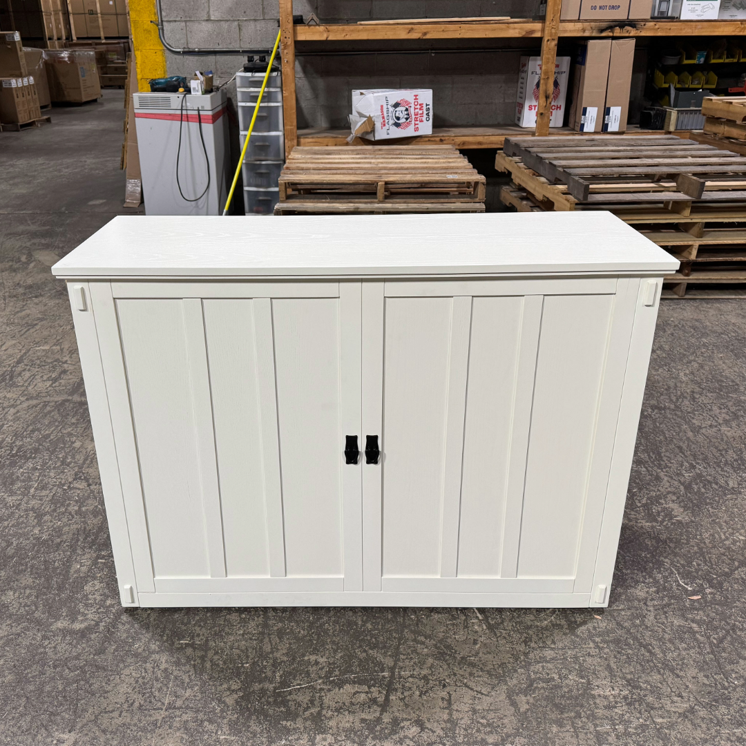 Touchstone 72013 White Elevate Mission Smart TV Lift Cabinet open box unit photographed in the warehouse.