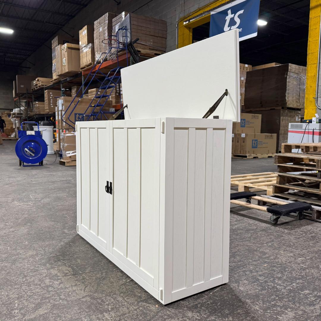 Touchstone 72013 White Elevate Mission Smart TV Lift Cabinet open box unit photographed in the warehouse.