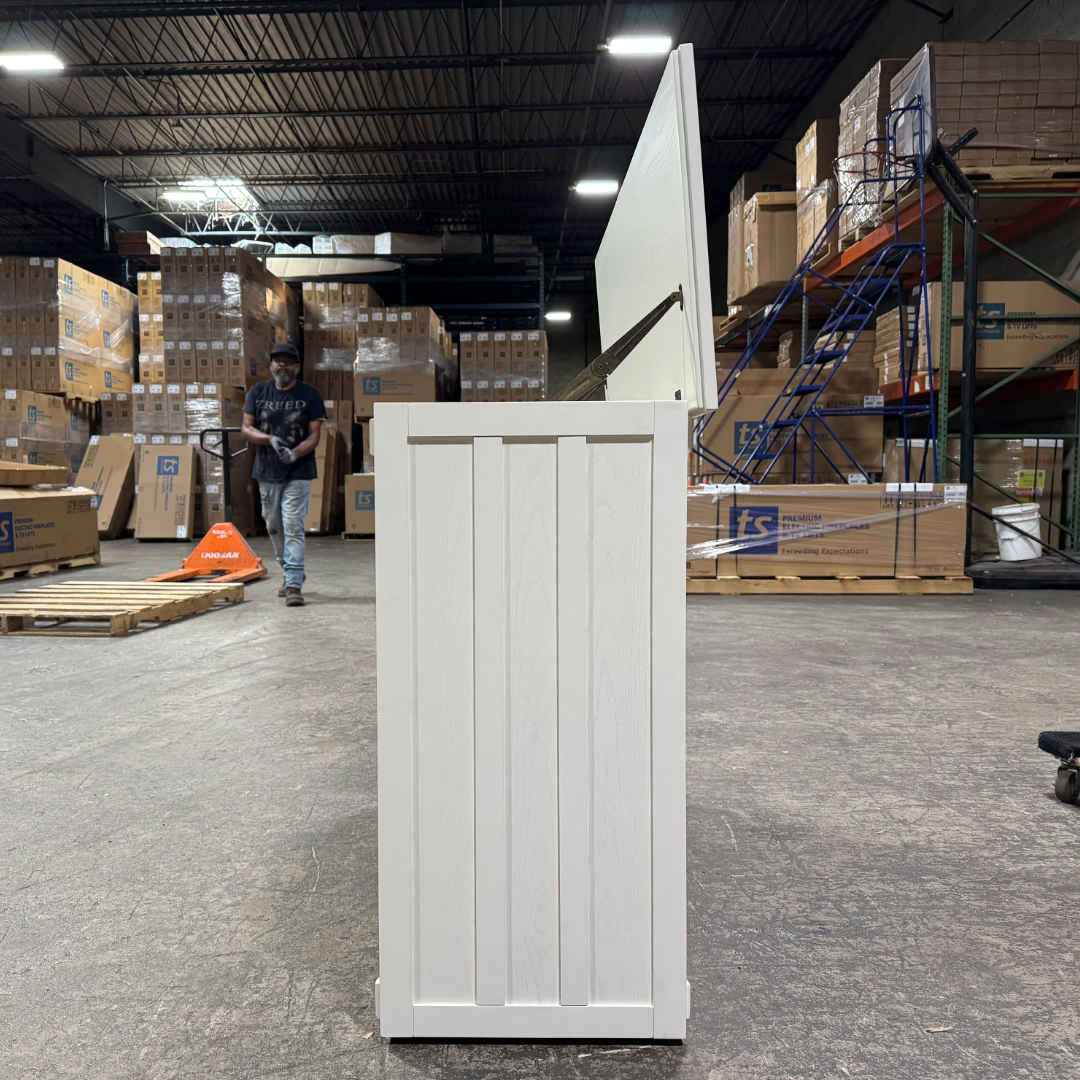 Touchstone 72013 White Elevate Mission Smart TV Lift Cabinet open box unit photographed in the warehouse.