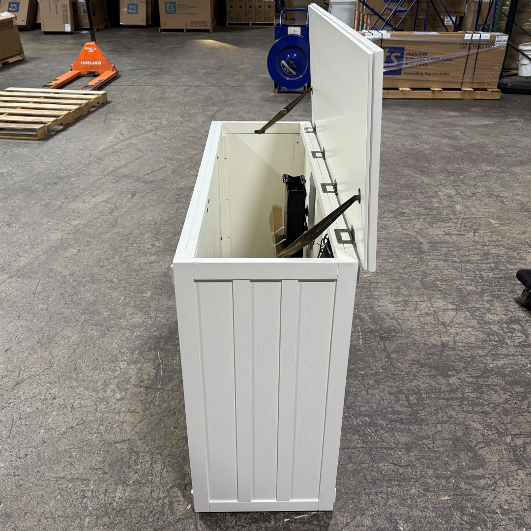 Touchstone 72013 White Elevate Mission Smart TV Lift Cabinet open box unit photographed in the warehouse.