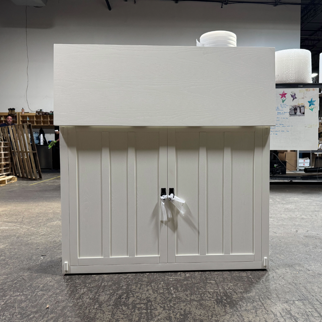 Touchstone 72013 White Elevate Mission Smart TV Lift Cabinet open box unit photographed in the warehouse.
