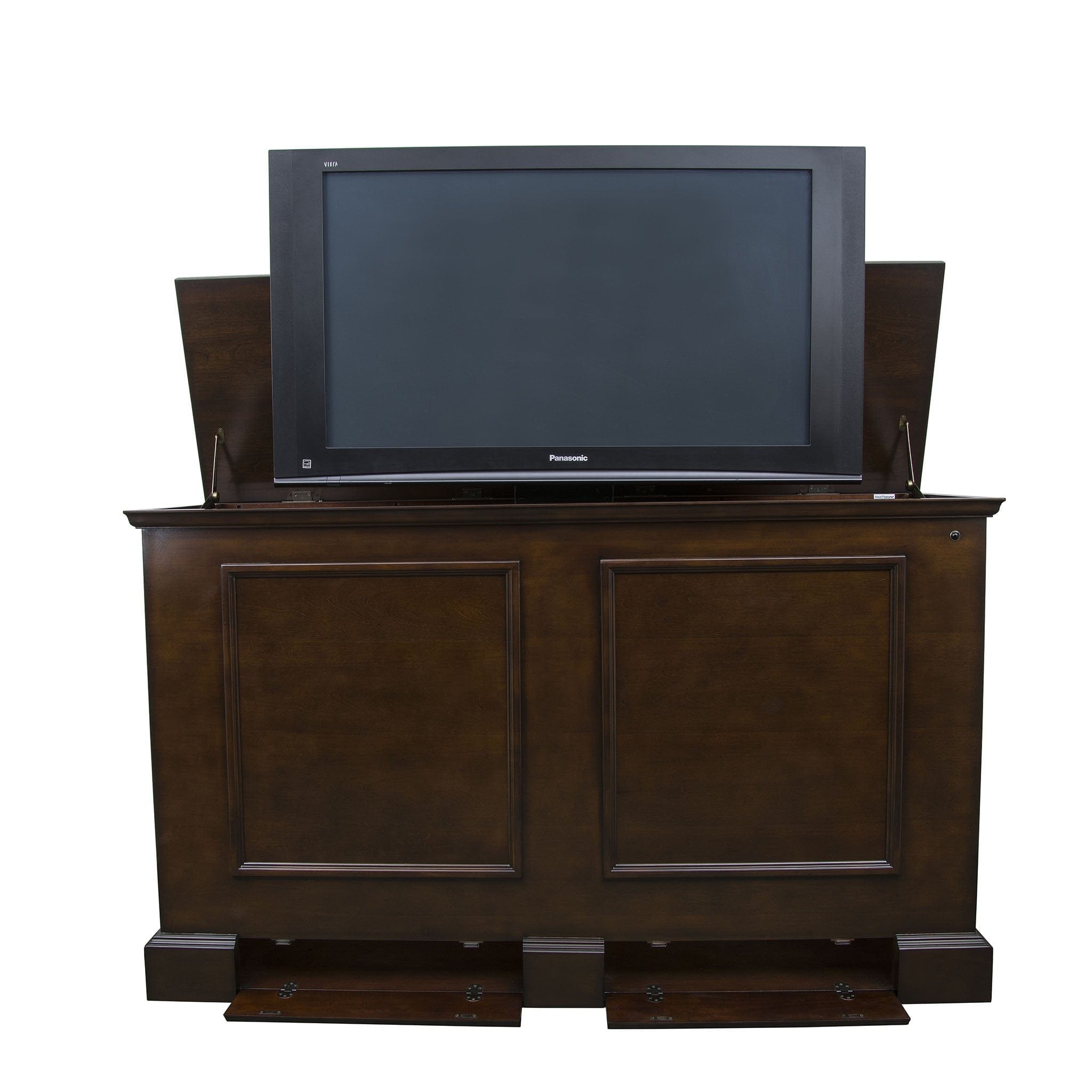 Grand Elevate 74008 Espresso TV Lift Cabinet for 65 inch Flat screen TVs shown opened.