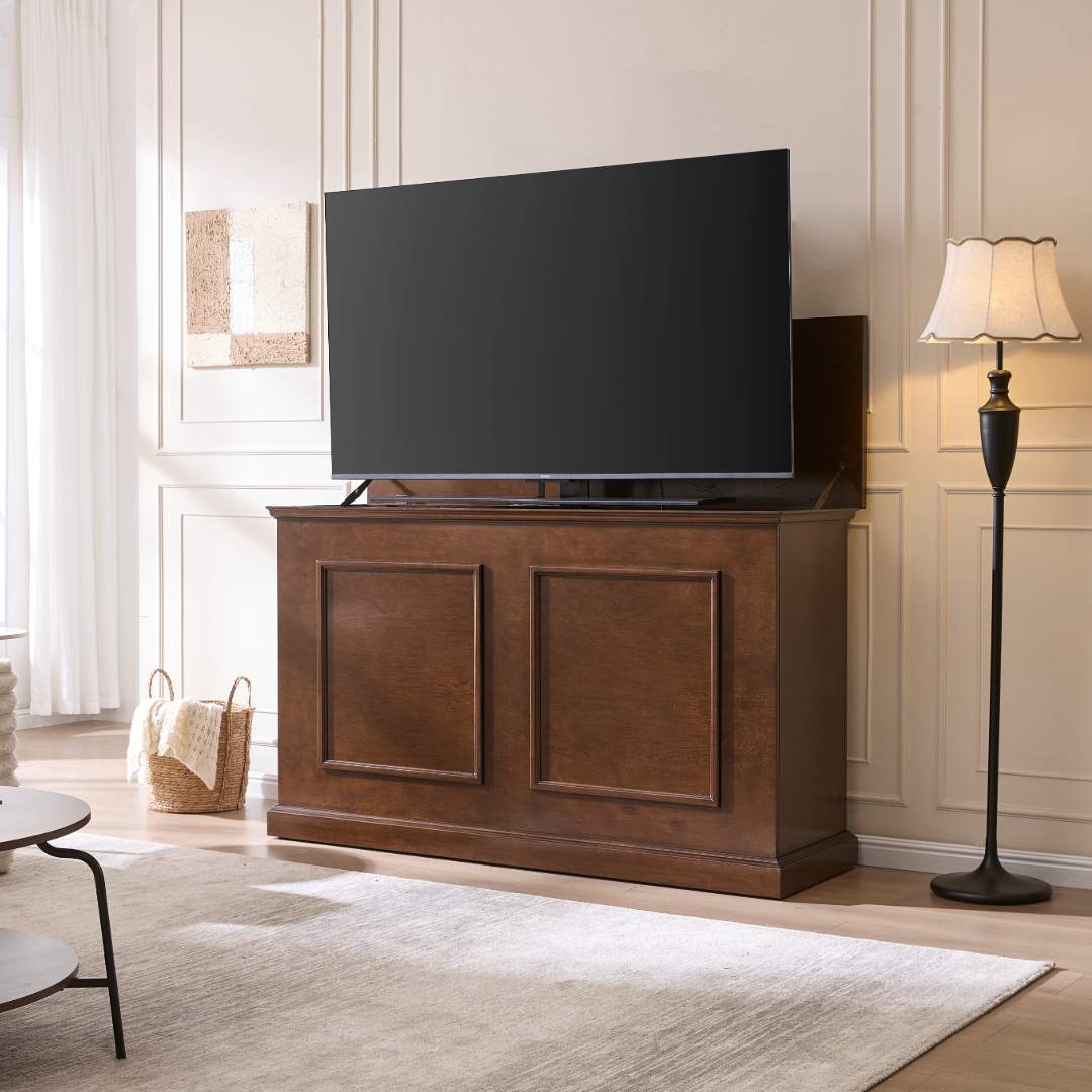 74008 Grand Elevate Smart TV Lift Cabinet lifestyle photo of lid raised and TV installed.