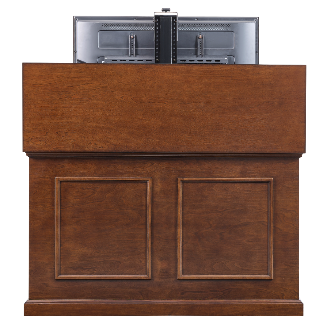 74008 Grand Elevate Smart TV Lift Cabinet back view with lid raised with TV on white.