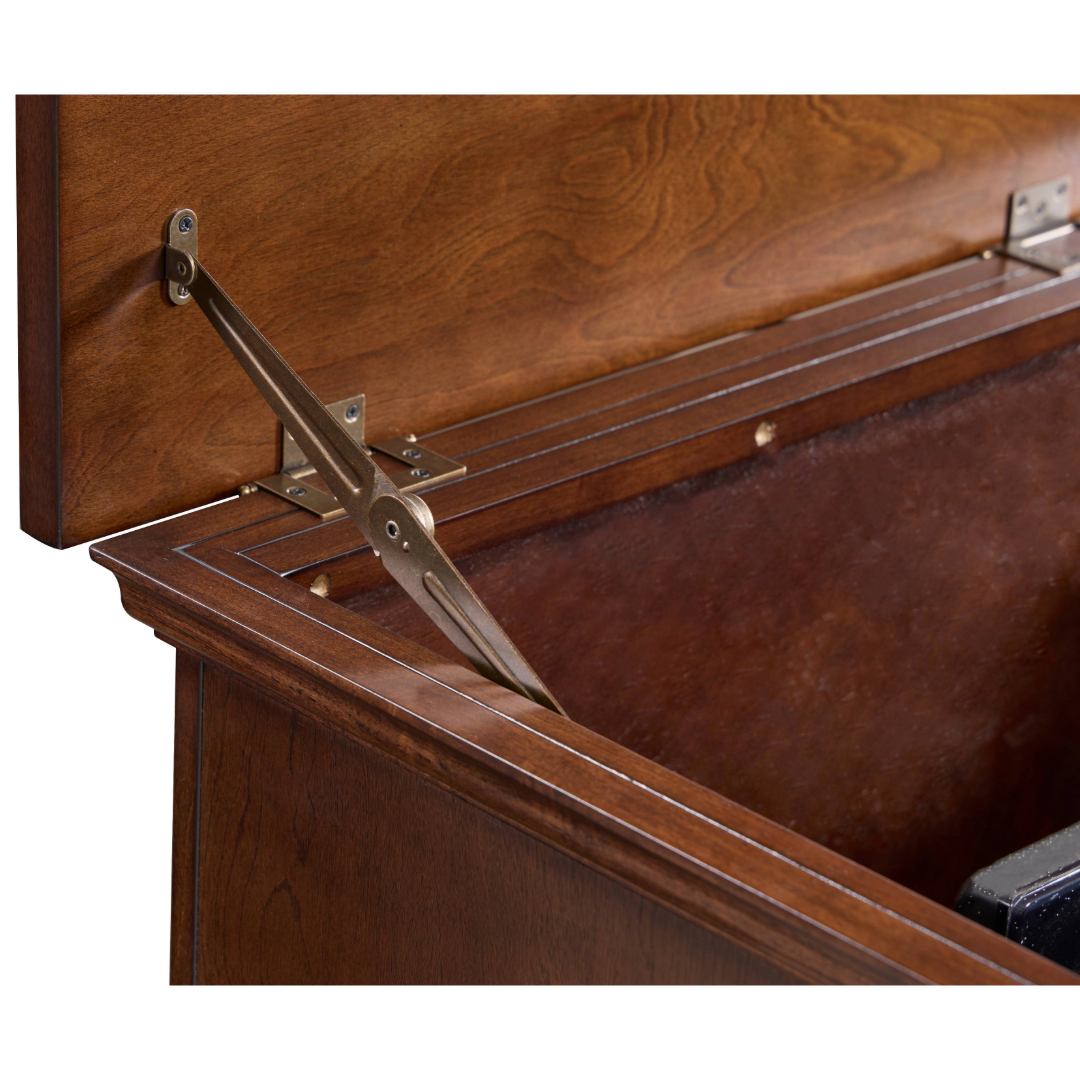 74008 Grand Elevate Smart TV Lift Cabinet close up shot of lid hinges on white.
