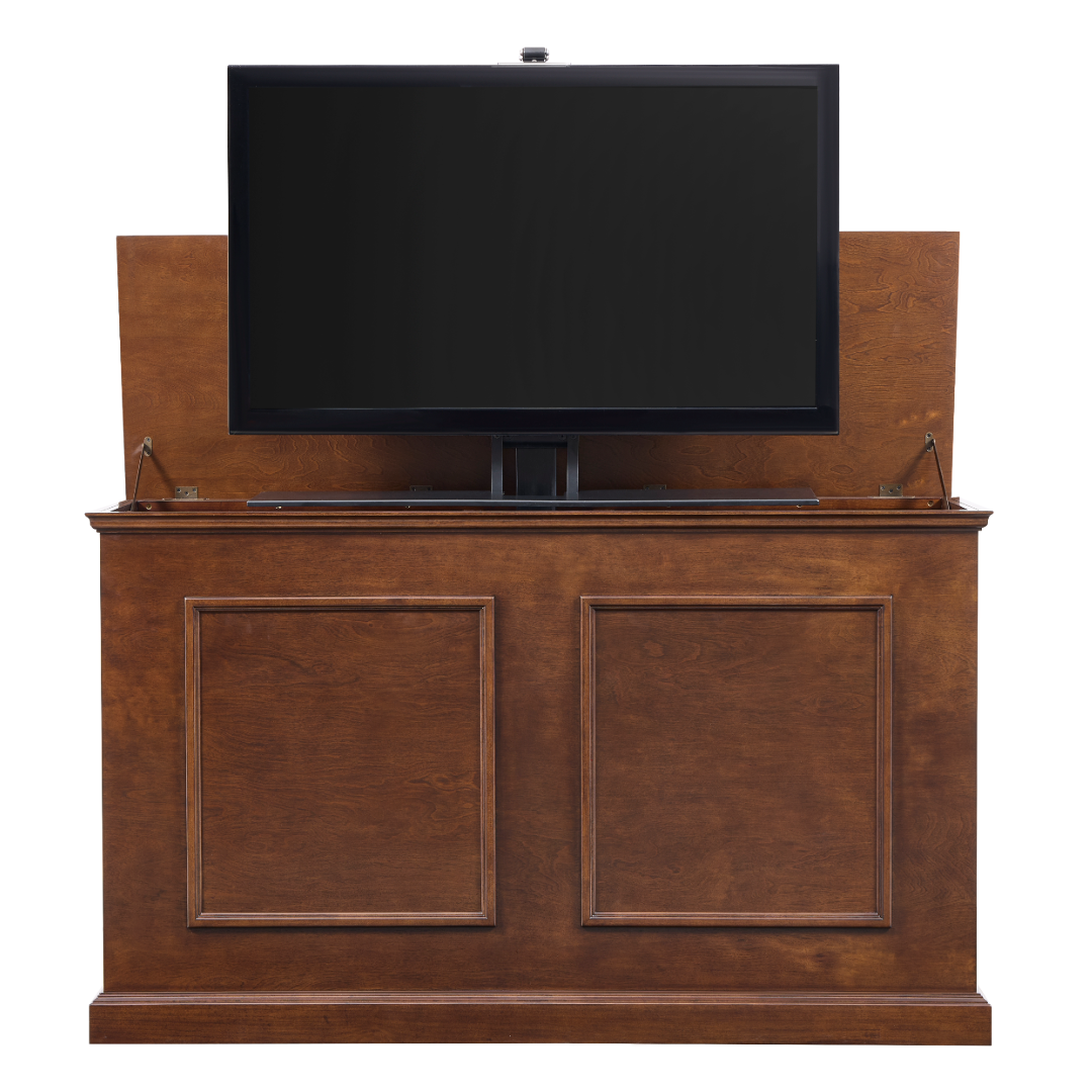 74008 Grand Elevate Smart TV Lift Cabinet front view with lid/TV raised on white.