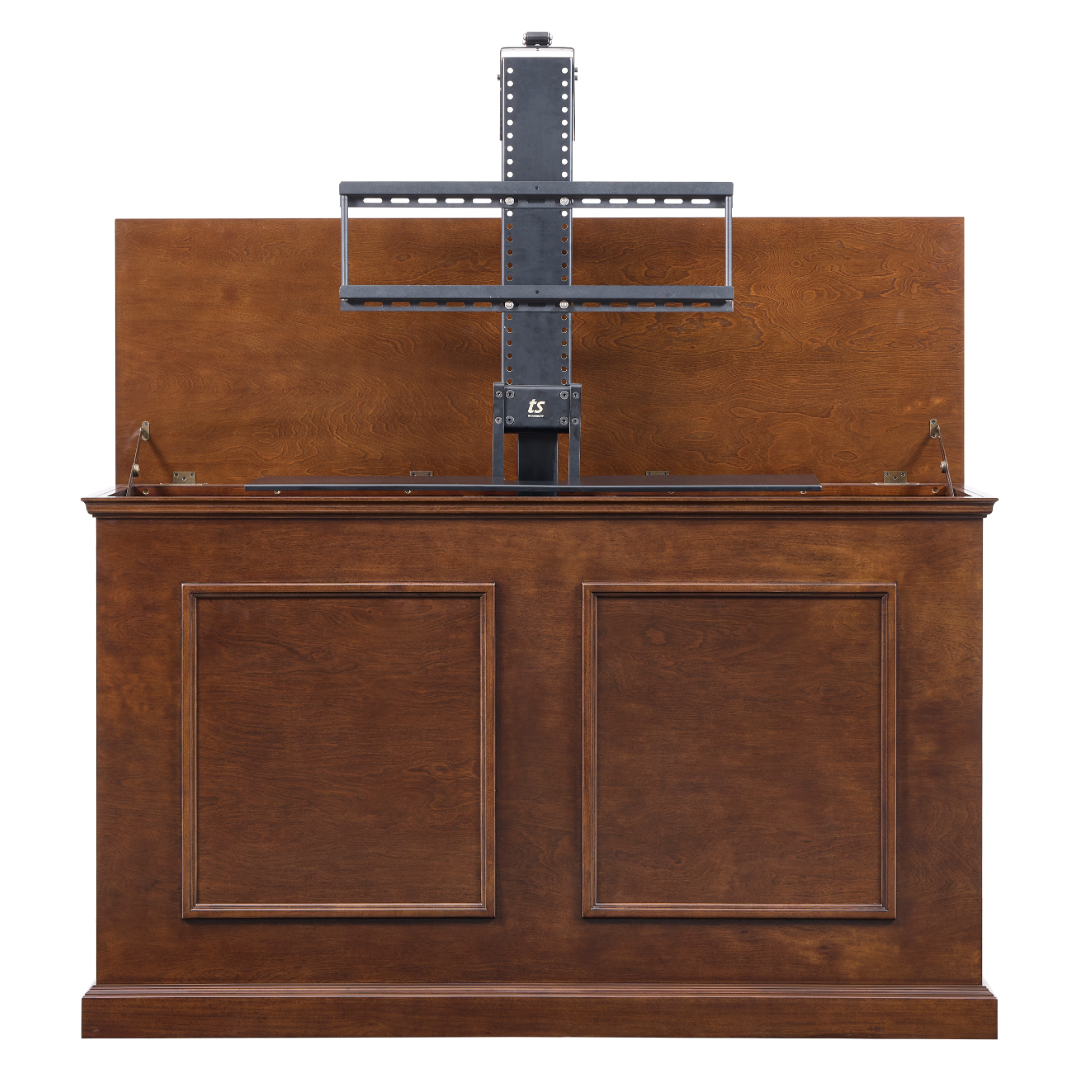 74008 Grand Elevate Smart TV Lift Cabinet front view with lid raised showing lift on white.