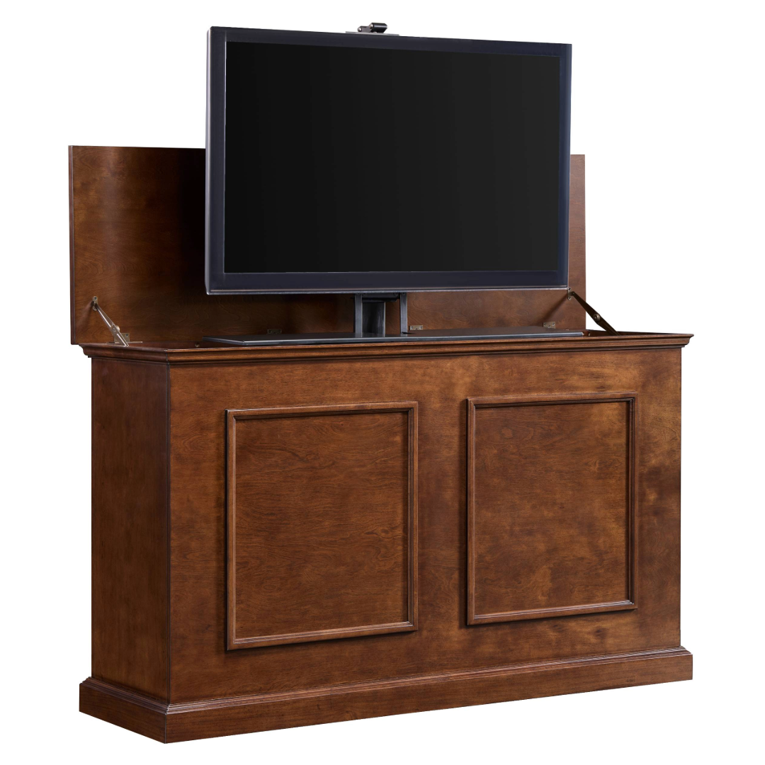 74008 Grand Elevate Smart TV Lift Cabinet angle view with lid raised and TV showing on white.