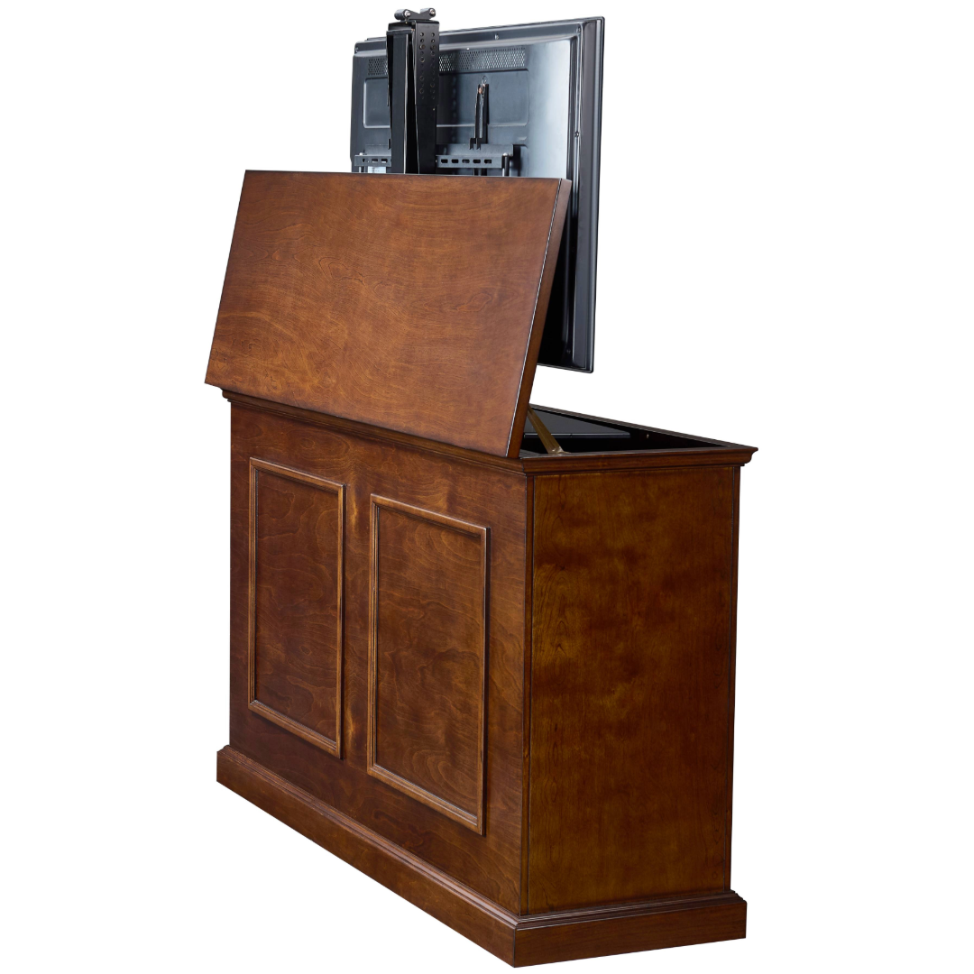 74008 Grand Elevate Smart TV Lift Cabinet back angle view with lid raised with TV on white.
