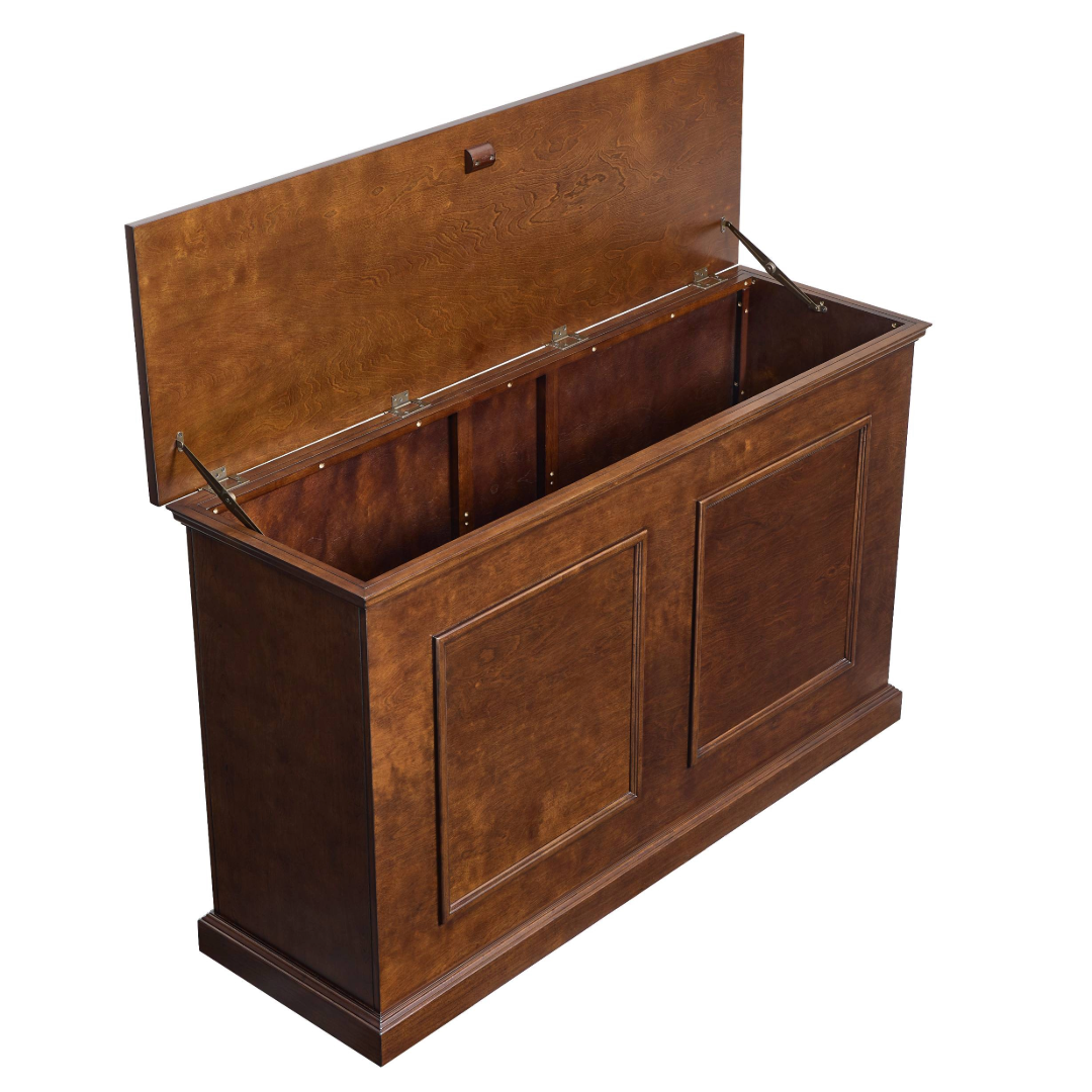 74008 Grand Elevate Smart TV Lift Cabinet high angle view with lid raised on white.