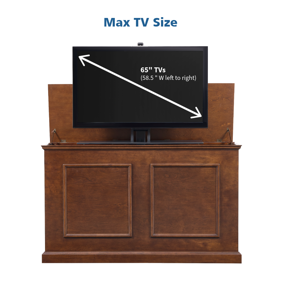 74008 Grand Elevate Smart TV Lift Cabinet tv size graphic on white.