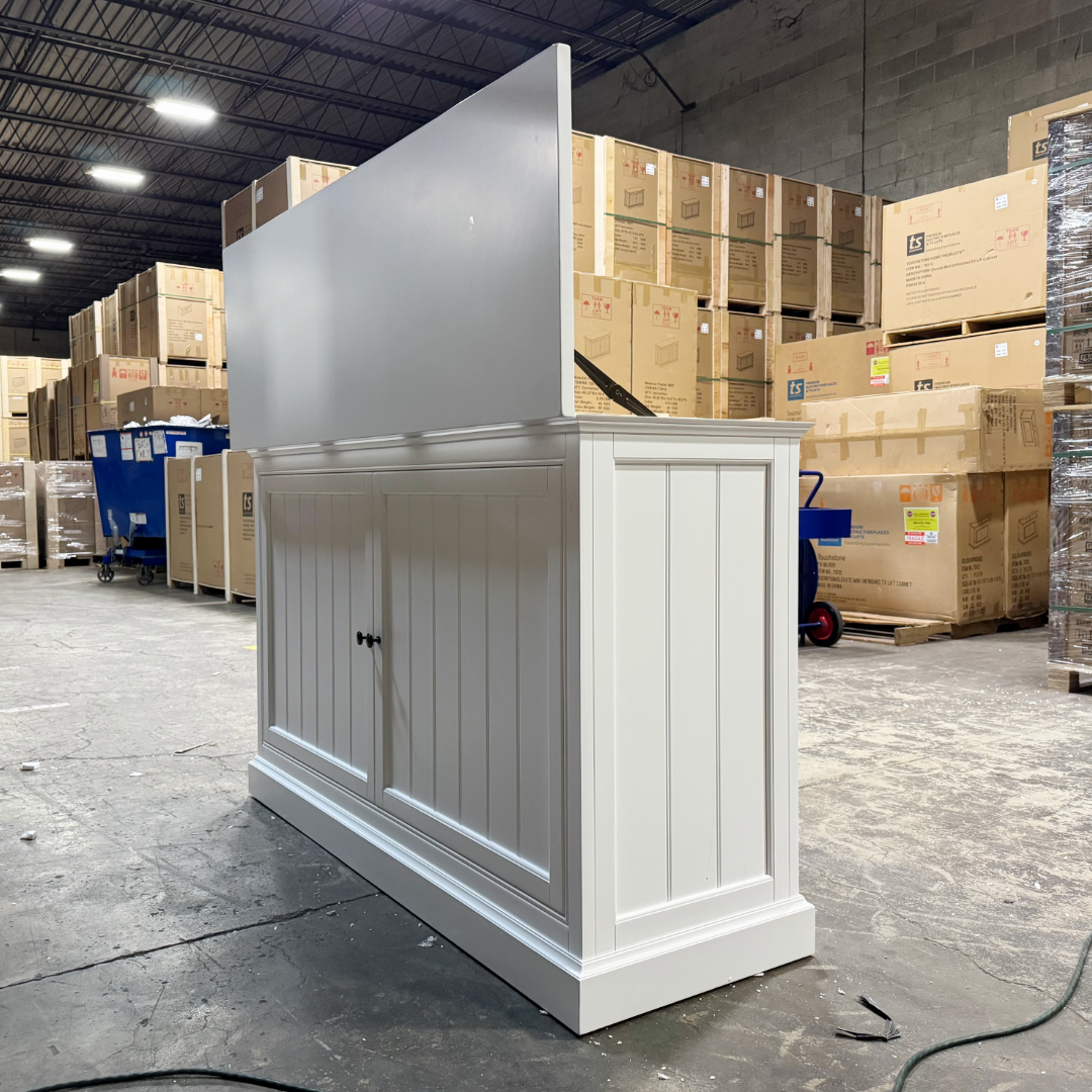 Touchstone Large Shoreline Smart TV Lift Cabinet 74010 in White - open box model photographed in the warehouse.
