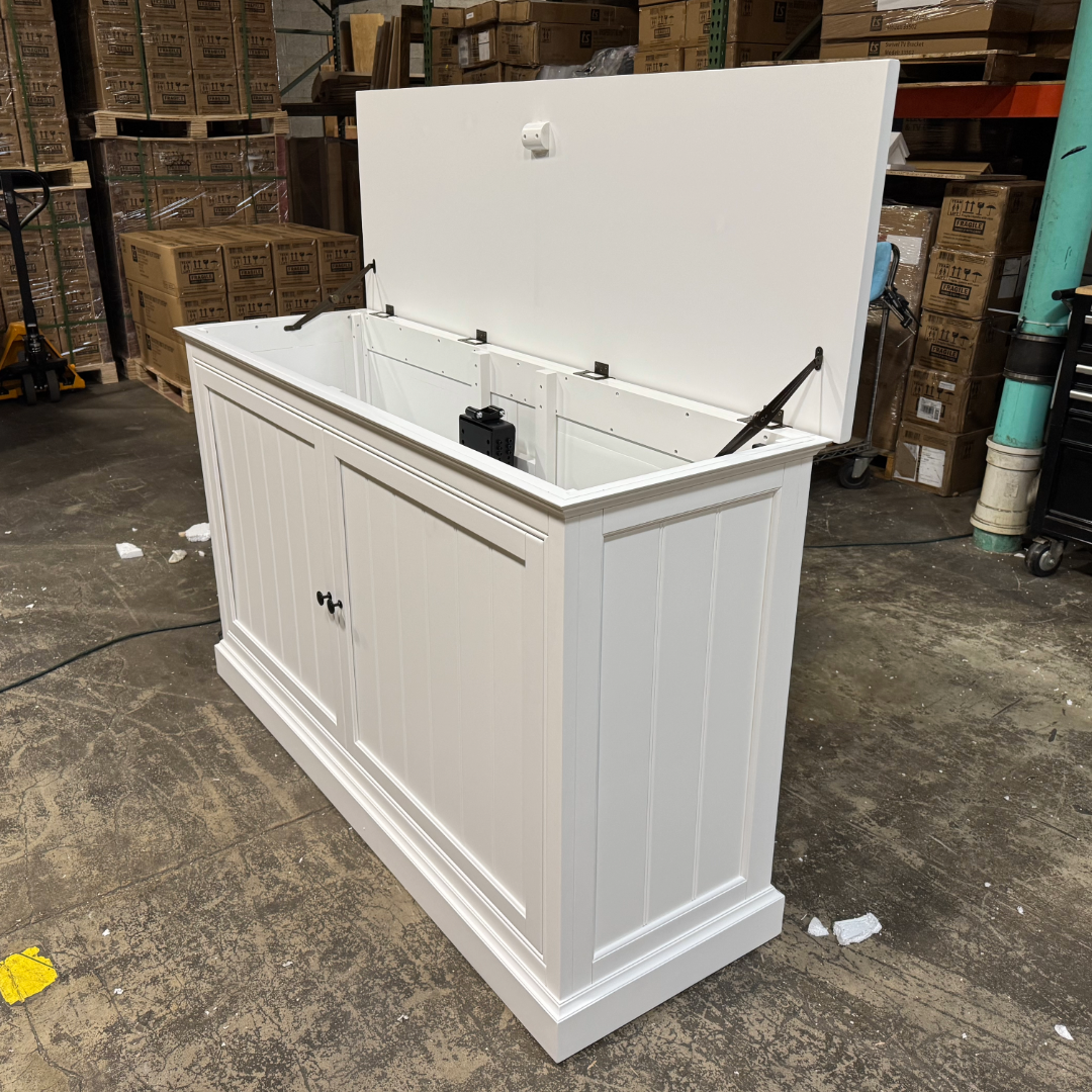 Touchstone Large Shoreline Smart TV Lift Cabinet 74010 in White - open box model photographed in the warehouse.