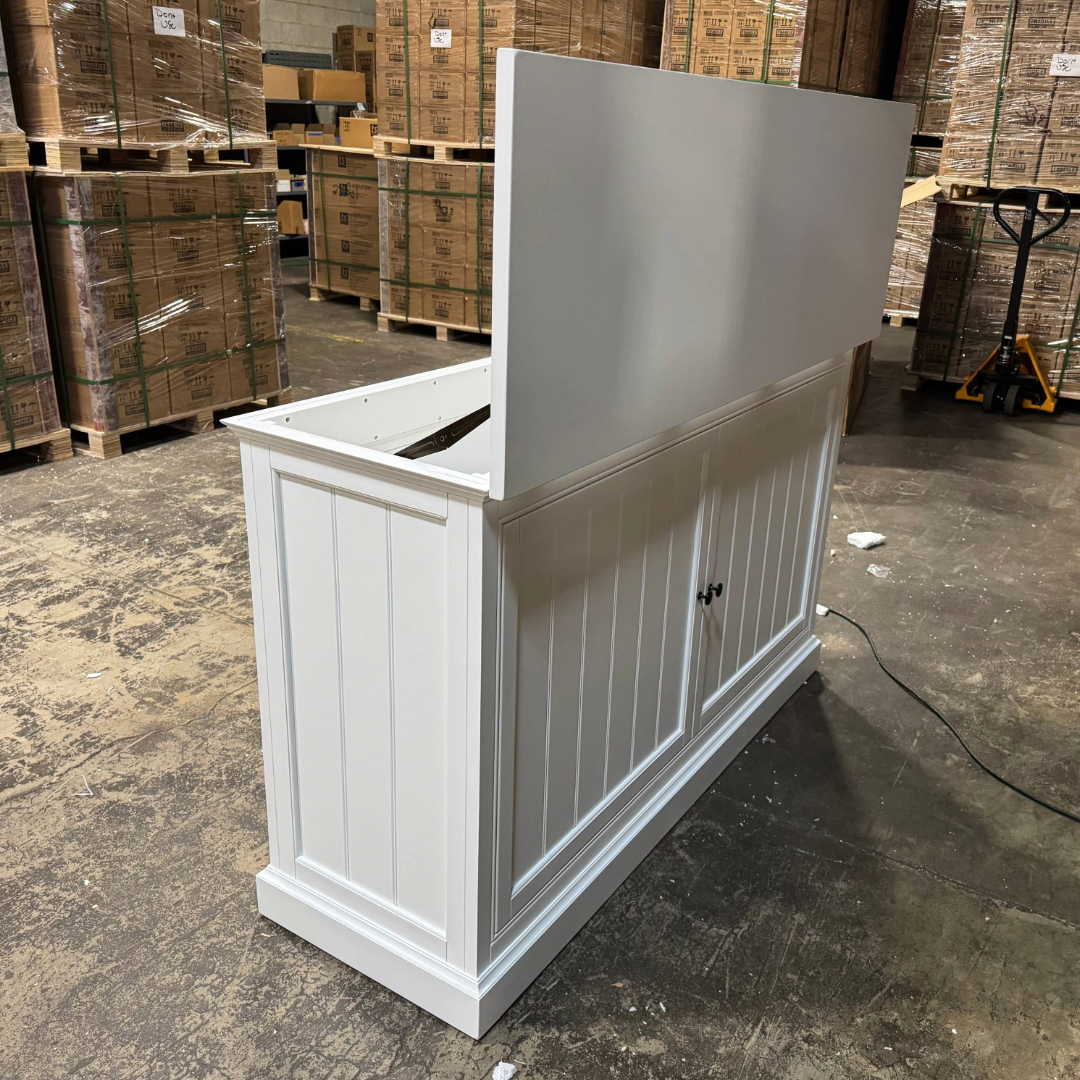 Touchstone Large Shoreline Smart TV Lift Cabinet 74010 in White - open box model photographed in the warehouse.