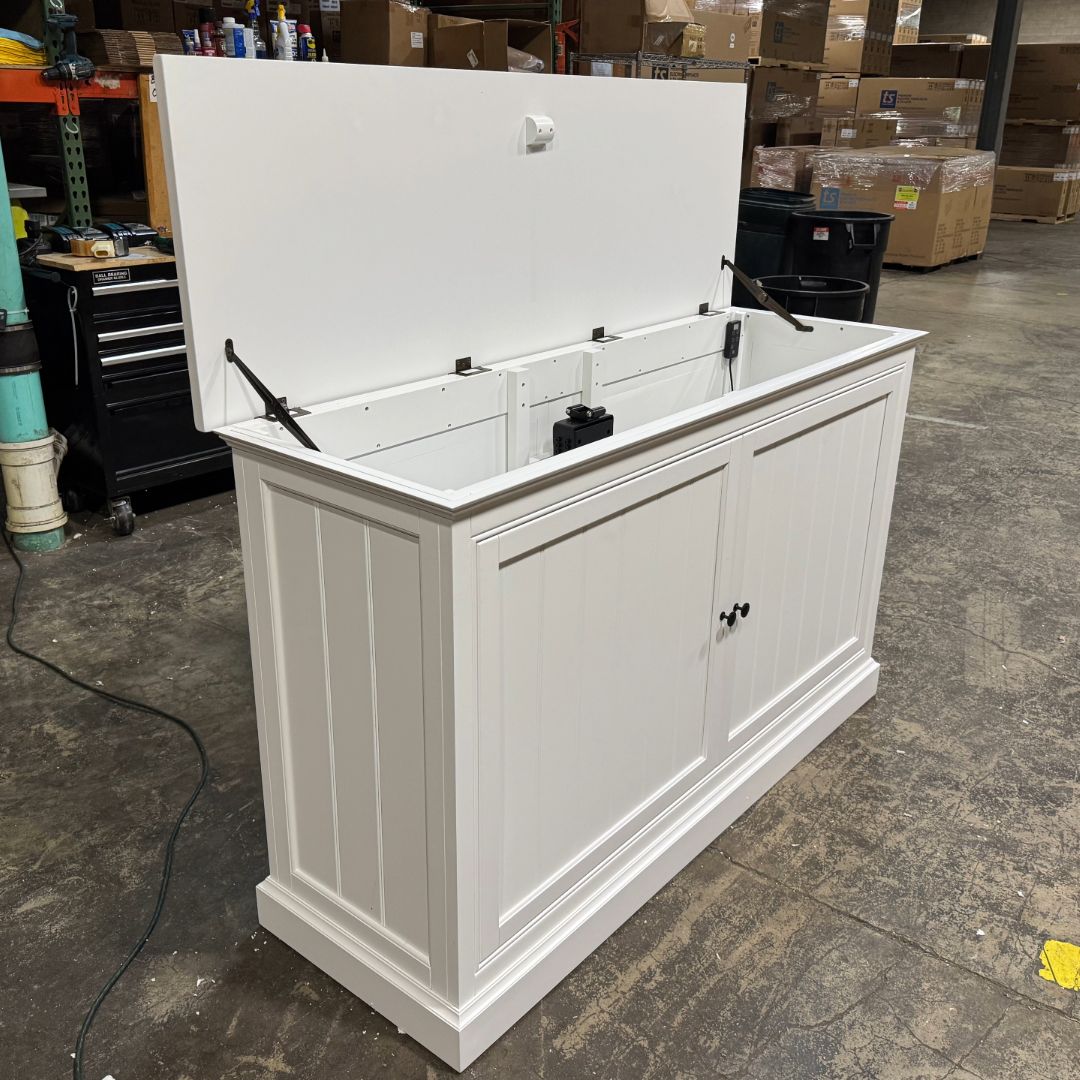Touchstone Large Shoreline Smart TV Lift Cabinet 74010 in White - open box model photographed in the warehouse.
