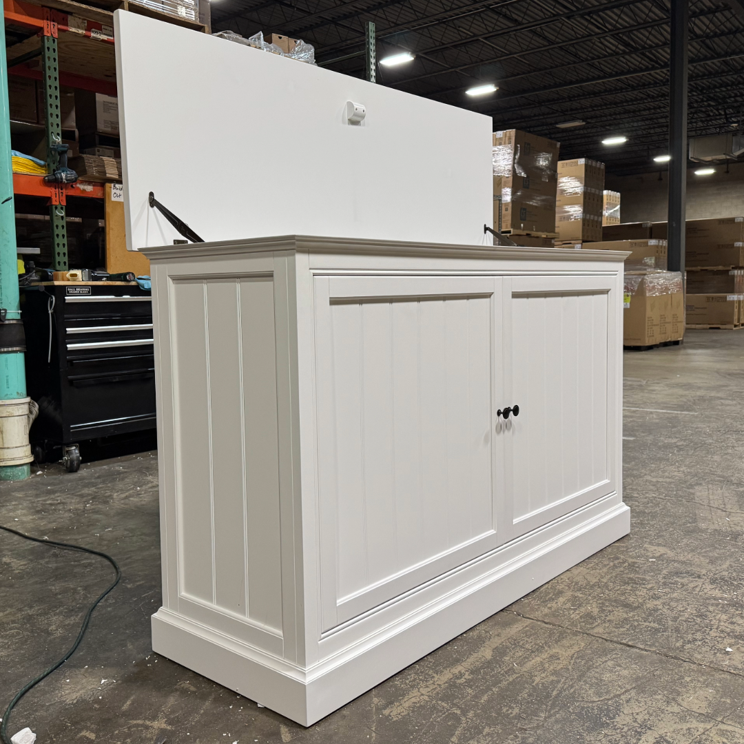 Touchstone Large Shoreline Smart TV Lift Cabinet 74010 in White - open box model photographed in the warehouse.