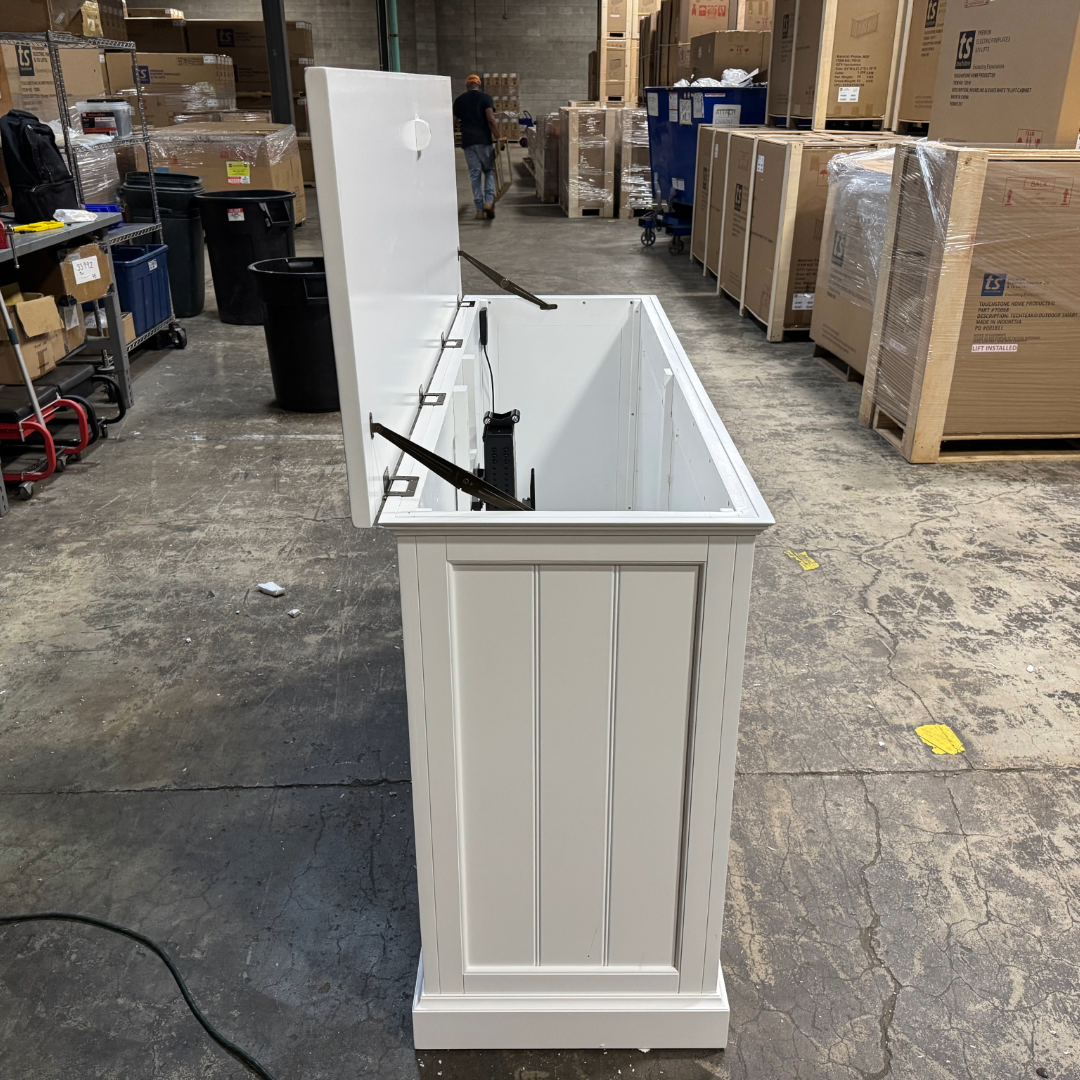 Touchstone Large Shoreline Smart TV Lift Cabinet 74010 in White - open box model photographed in the warehouse.