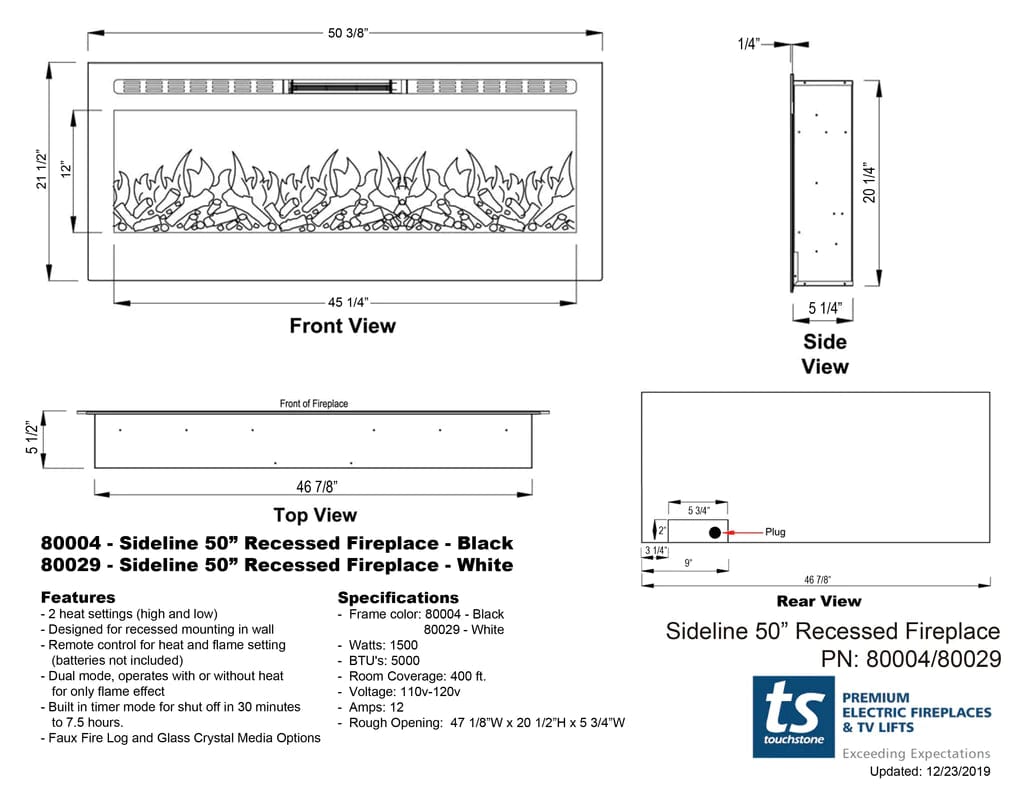 The Sideline 50 Inch Recessed Smart Electric Fireplace 80004 dimensional line drawing specifications