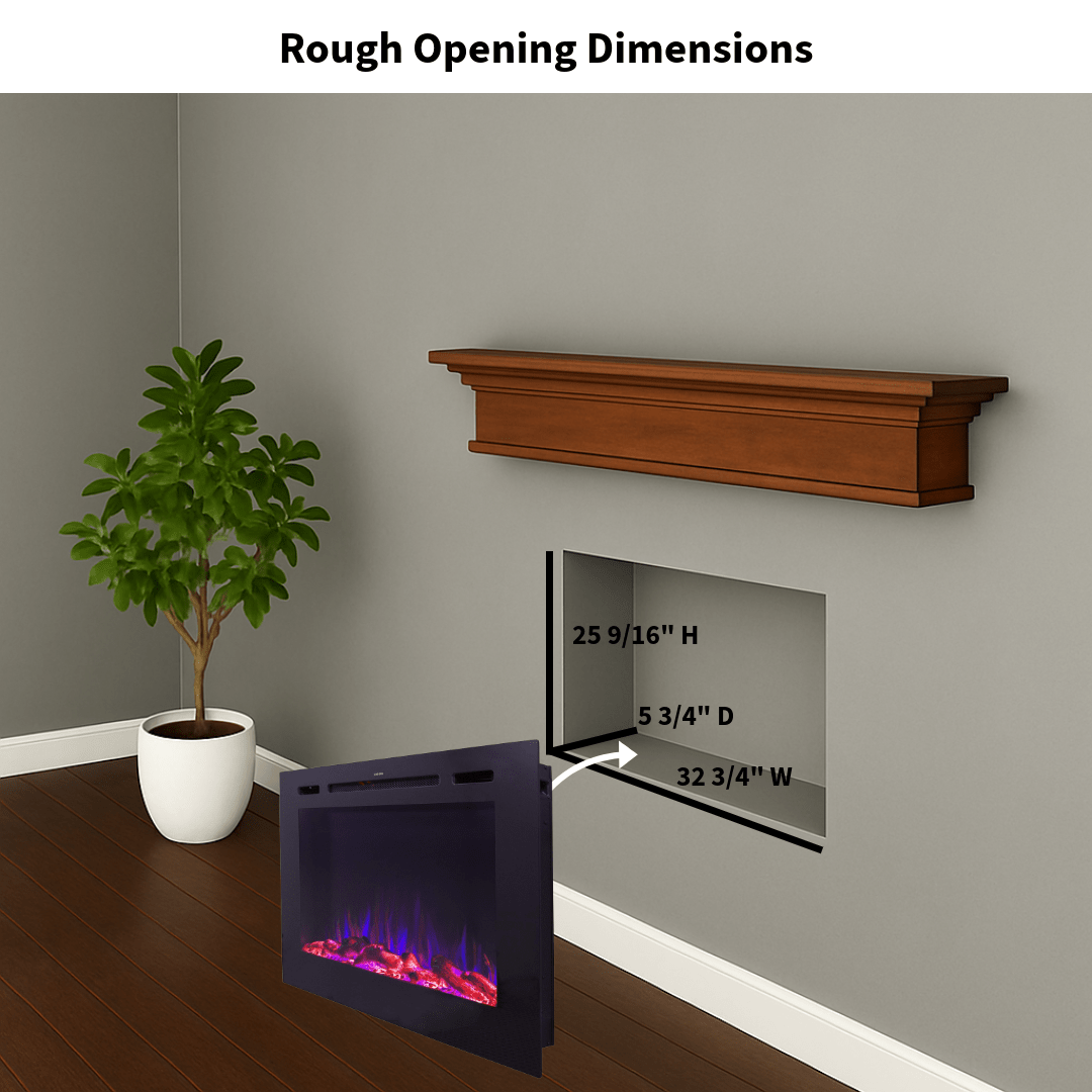 Touchstone Electric Fireplace rough opening dimensional graphic (Model: Sideline)