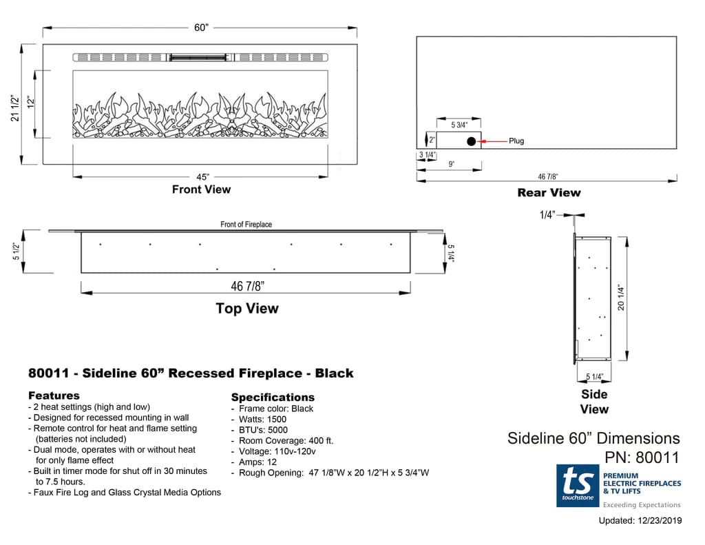 The Sideline 60 Inch Recessed Smart Electric Fireplace 80011 dimensional line drawing specifications