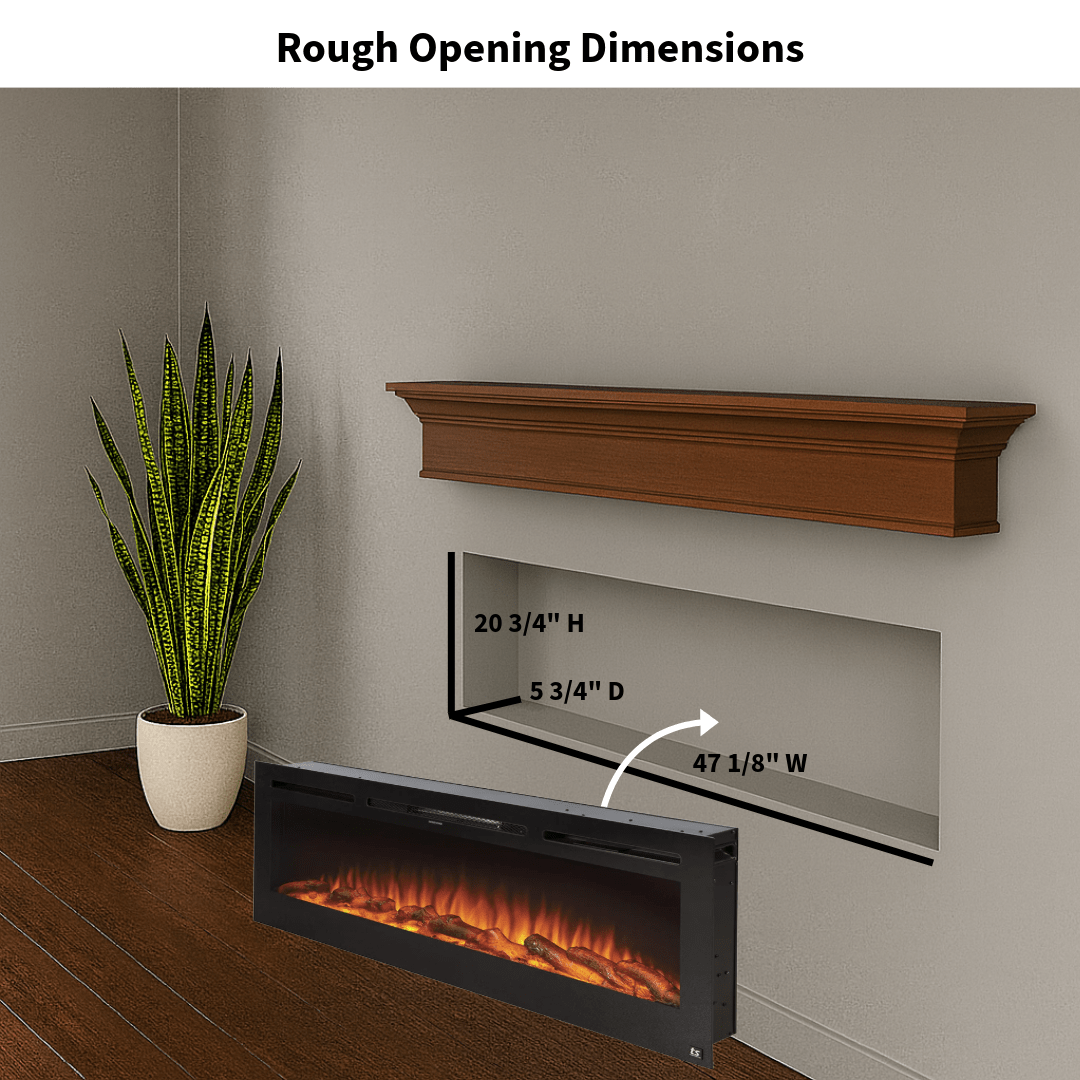 Touchstone Electric Fireplace rough opening dimensional graphic (Model: Sideline)