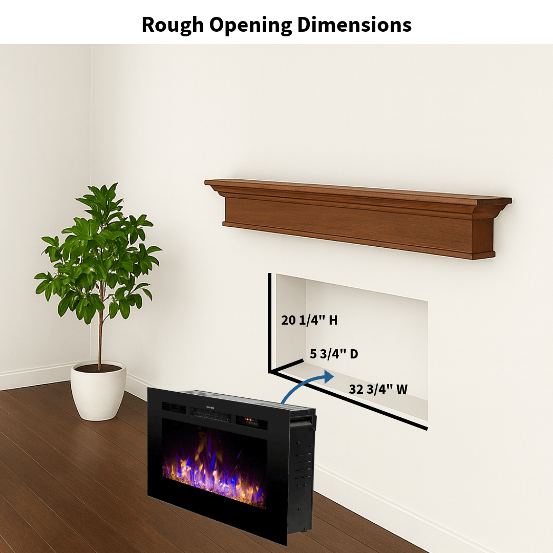 Touchstone Electric Fireplace rough opening dimensional graphic (Model: Sideline)