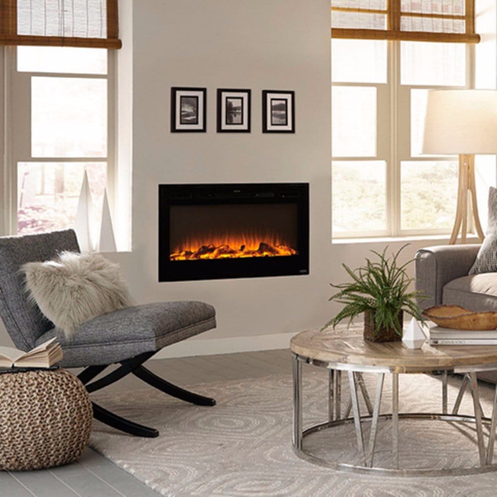 The 36-inch wide Touchstone Sideline 36 Electric Fireplace fits in cozy living rooms.