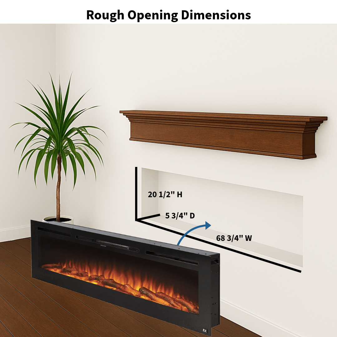 Touchstone Electric Fireplace rough opening dimensional graphic (Model: Sideline)