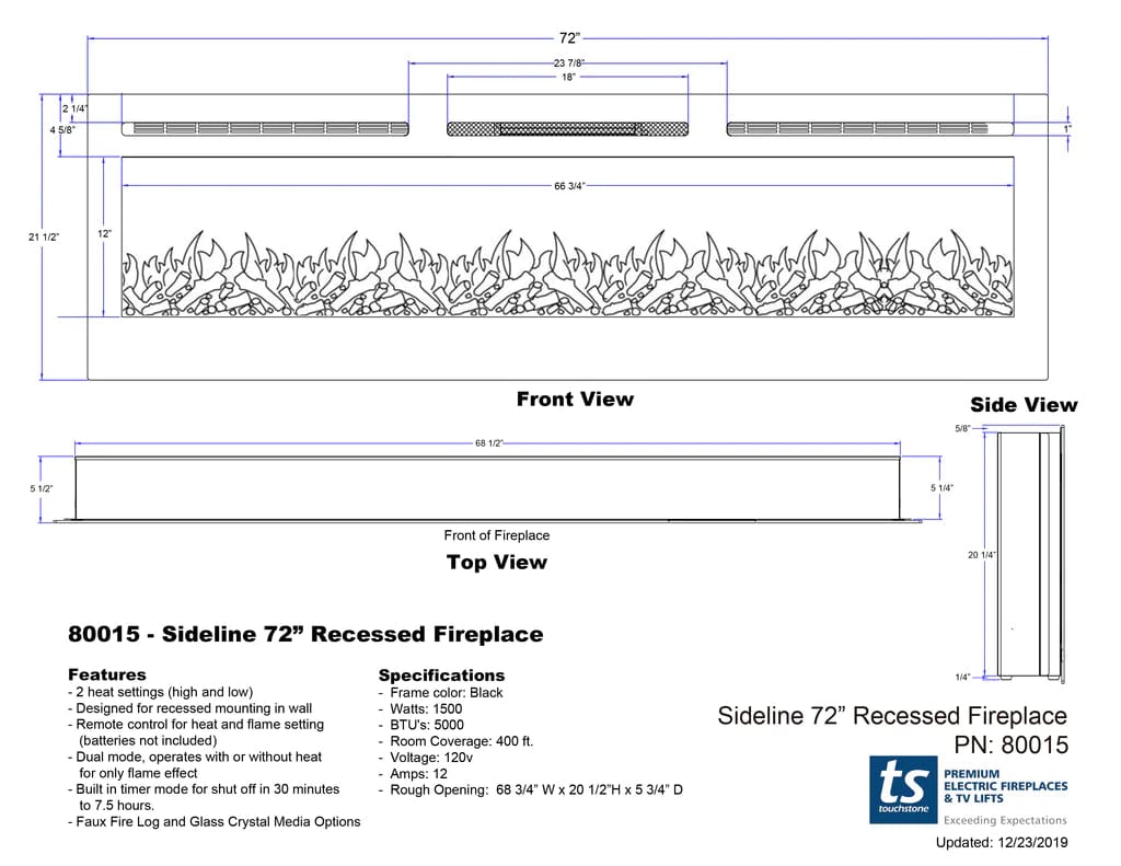The Sideline 72 Inch Recessed Smart Electric Fireplace 80015 dimensional line drawing specifications